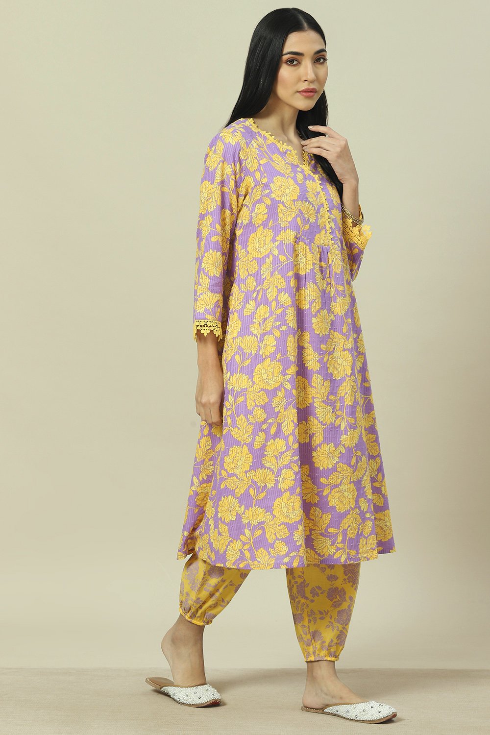 Lavender Cotton Blend Woven Straight Kurta Suit Set image number 5