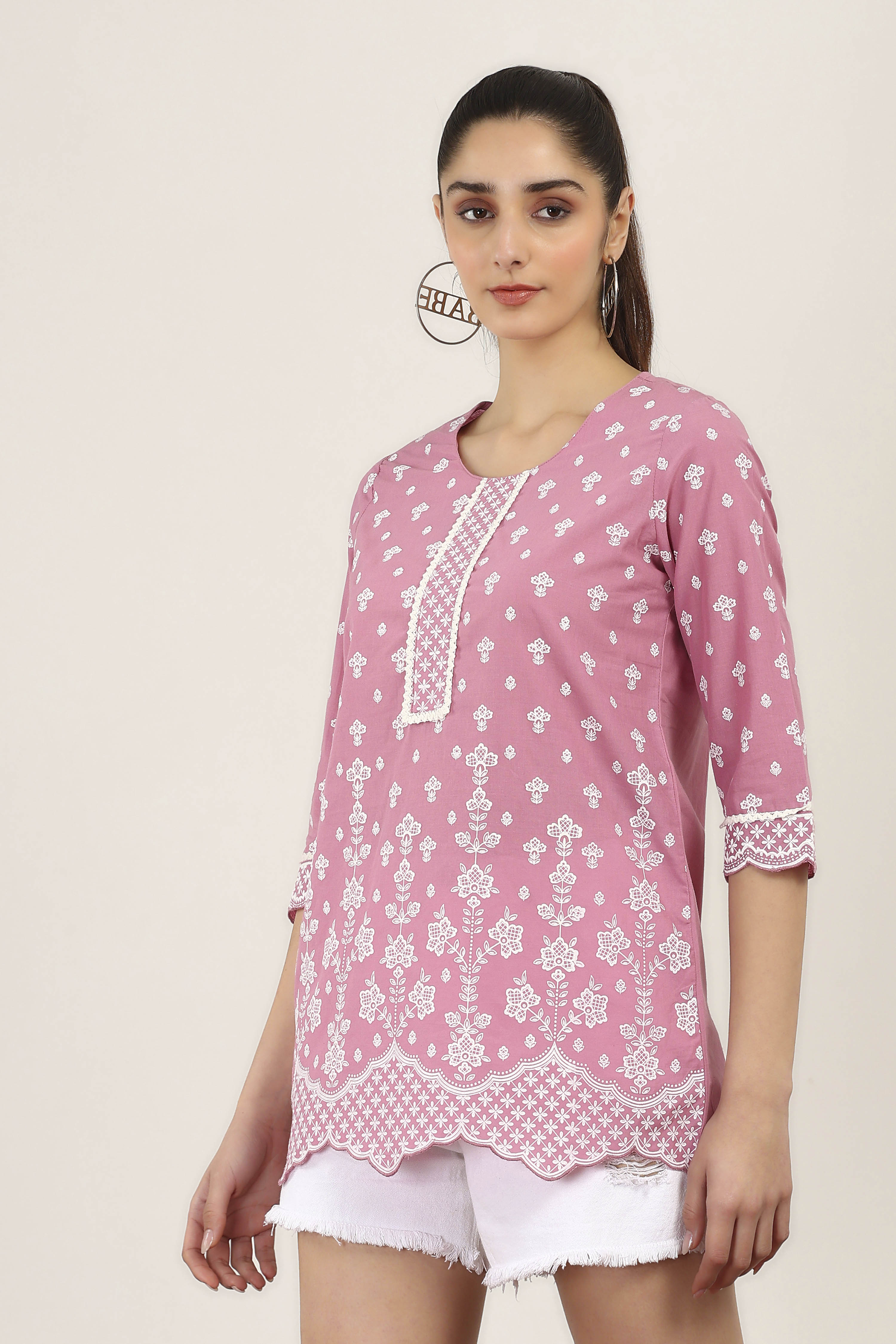 Pink Cotton Straight Tops image number 2