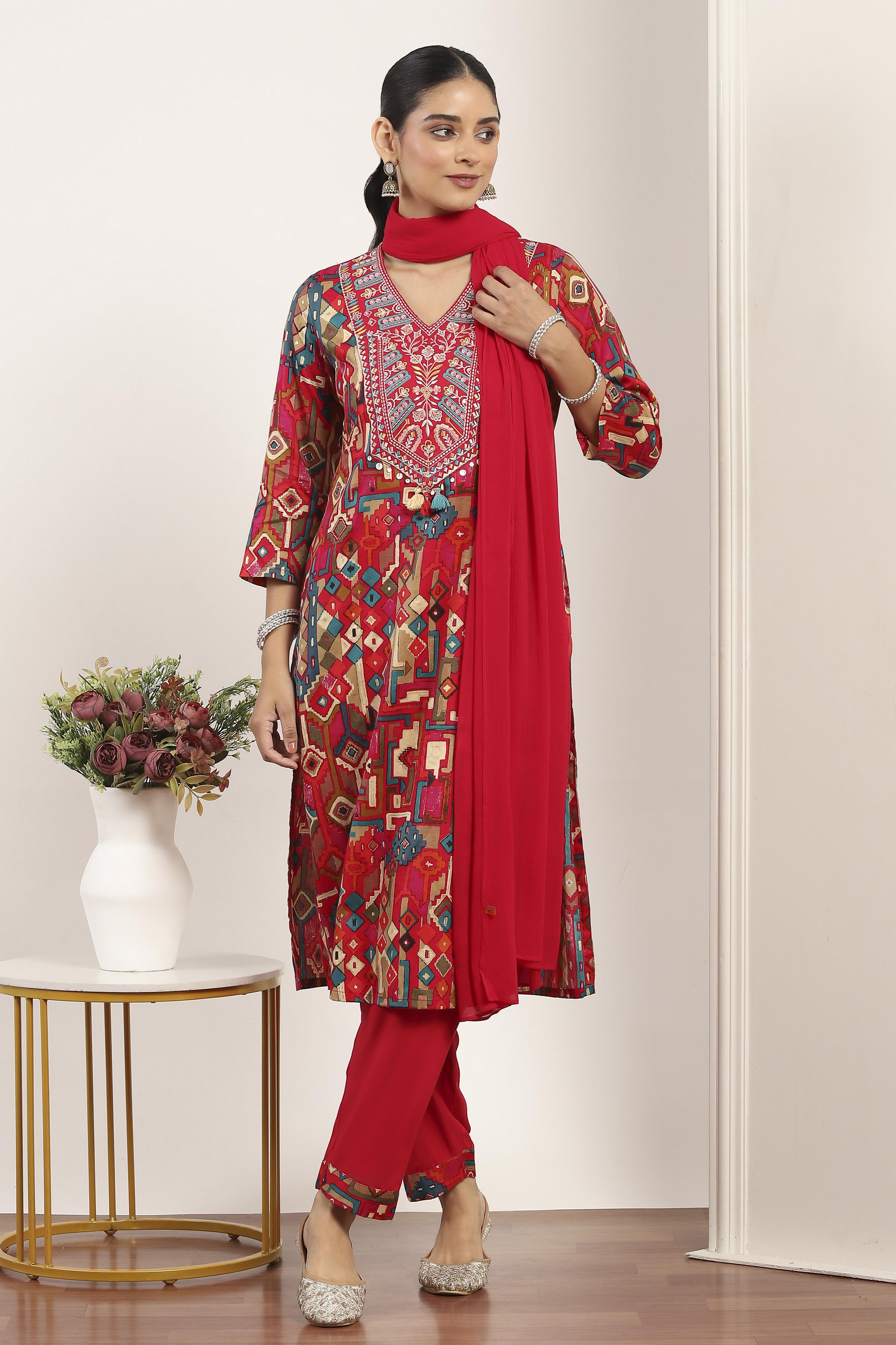 Red Cotton Straight Suit Sets image number 0