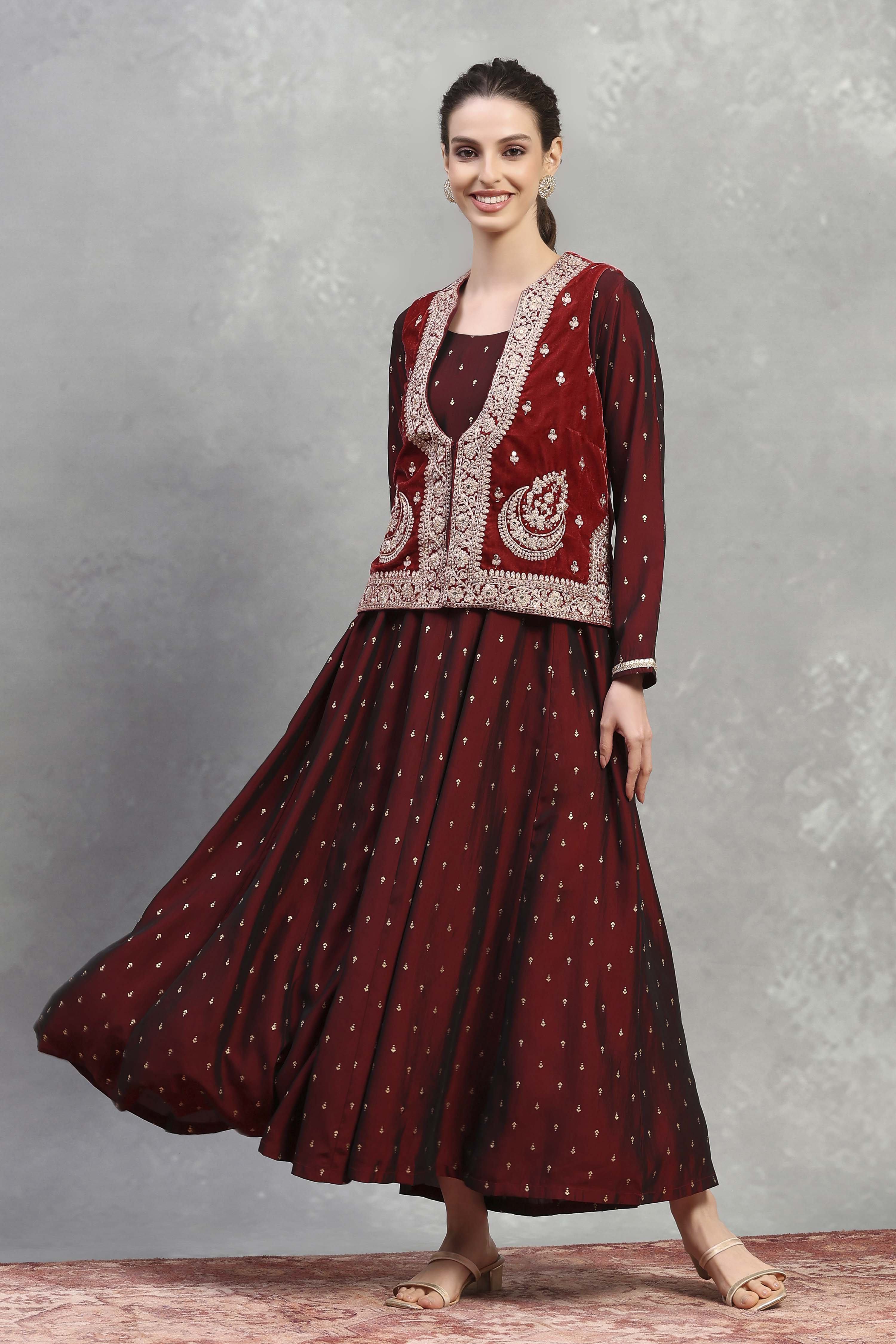 Blue Polyester Blend Printed Kalidar Dress image number 0