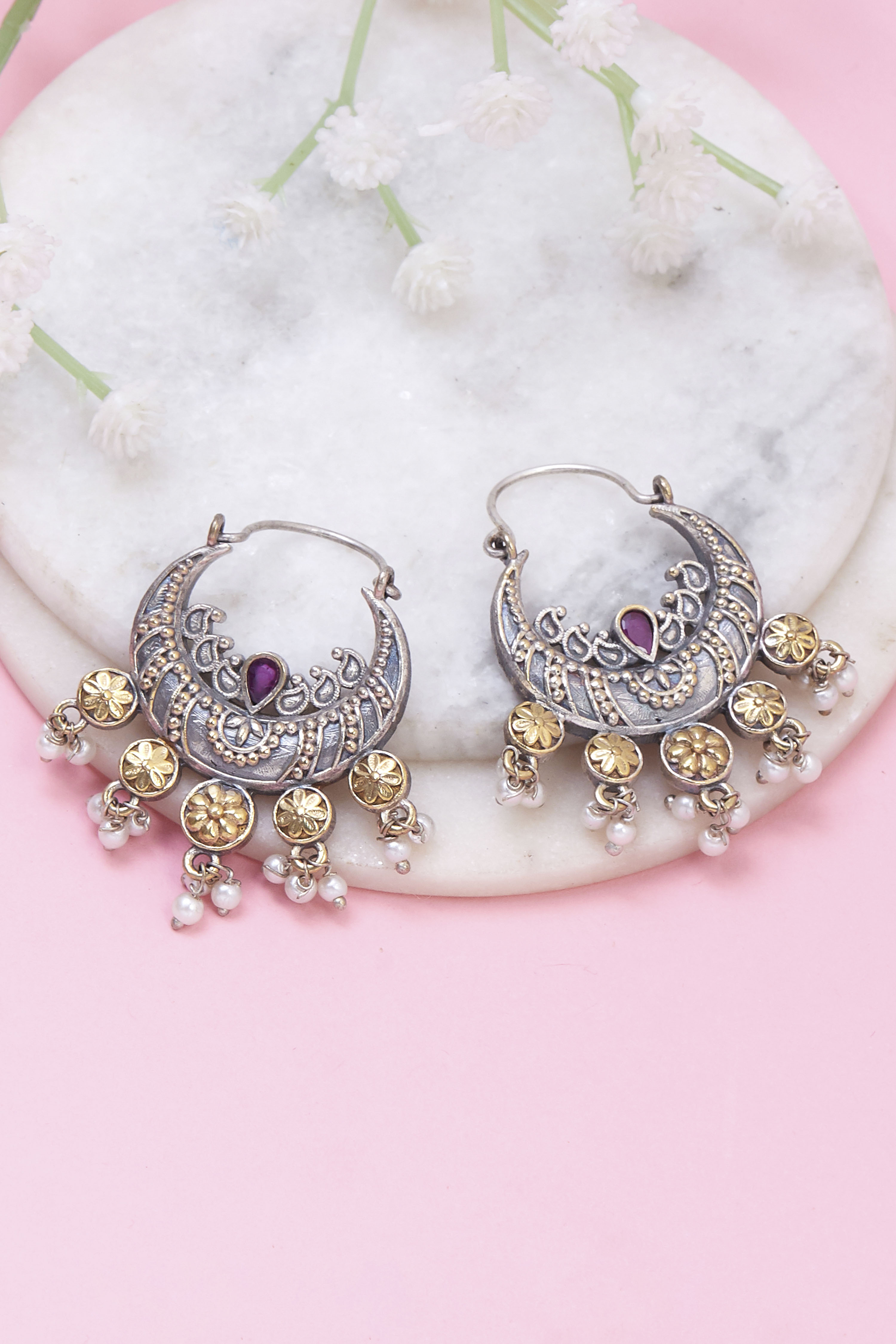 Dark Pink Brass Chaandbali image number 0