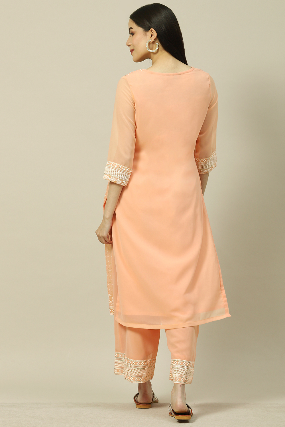 Peach Cotton Blend Straight Kurta image number 4