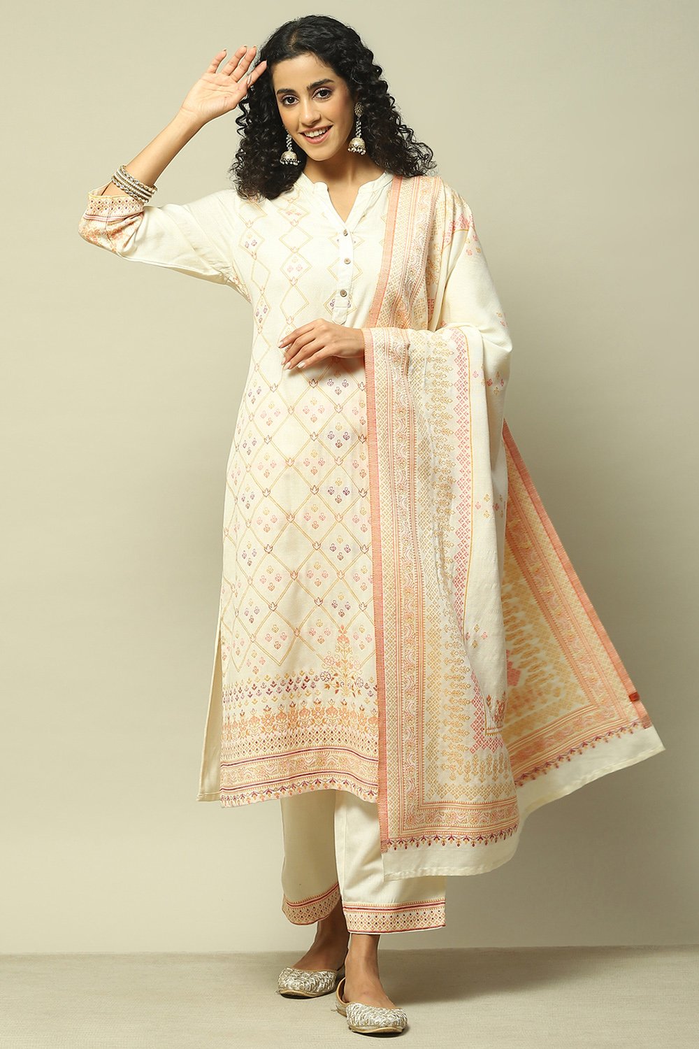 Off White Cotton Blend Straight Yarndyed Kurta Palazzo Suit Set image number 0