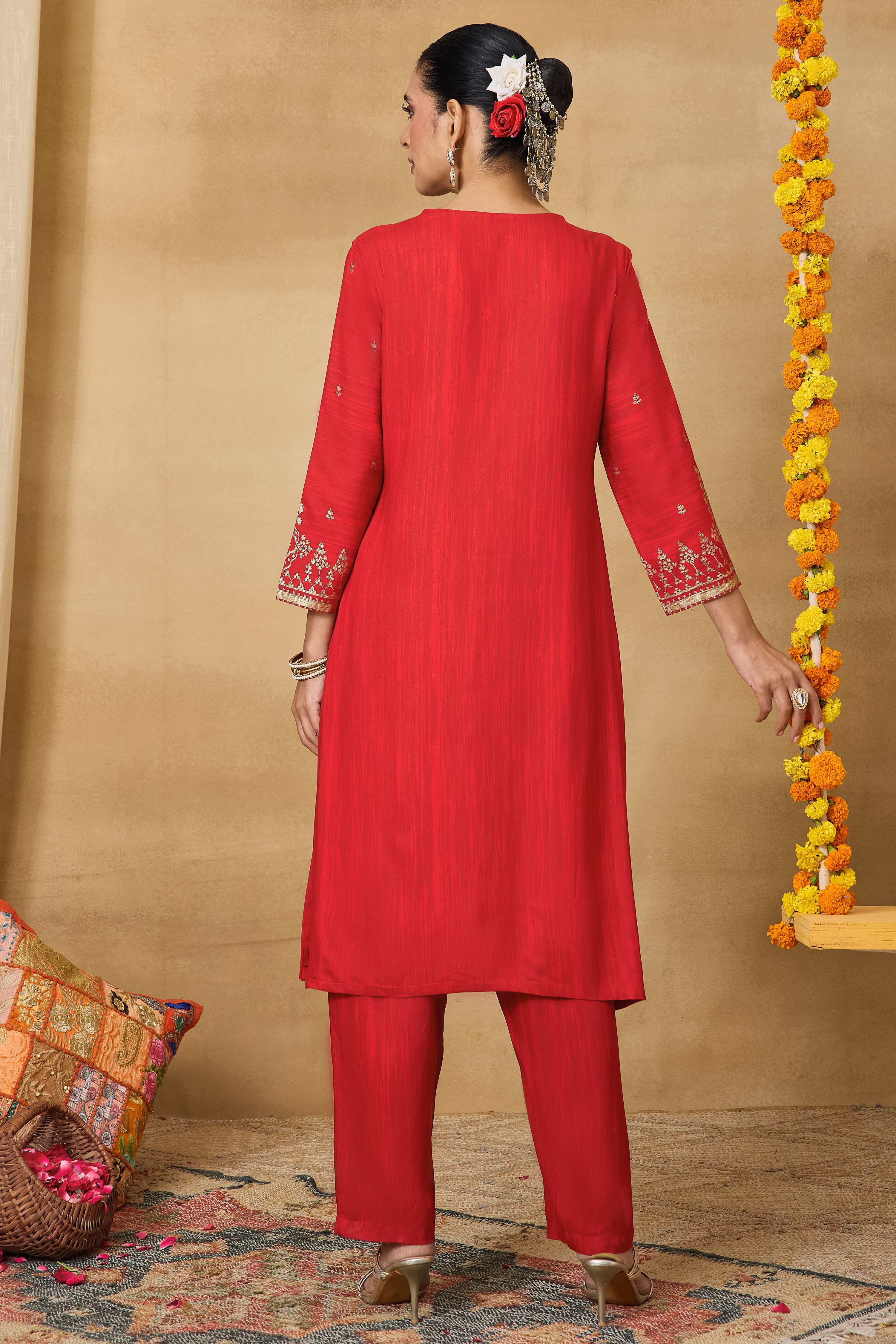 Red Viscose Rayon Straight Printed Kurta Pants Set image number 5