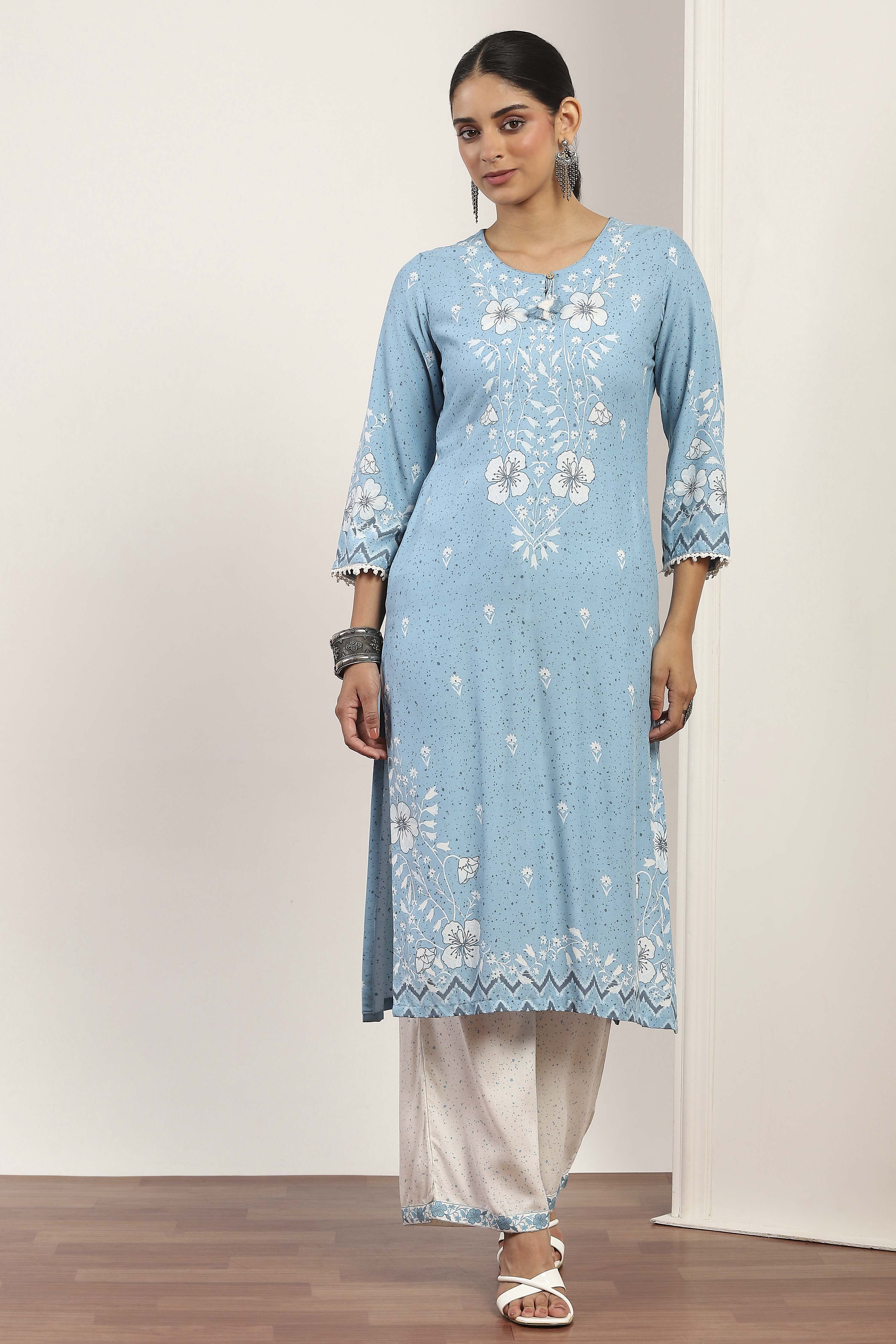 Blue Viscose Rayon Straight Kurta Pants Set image number 6