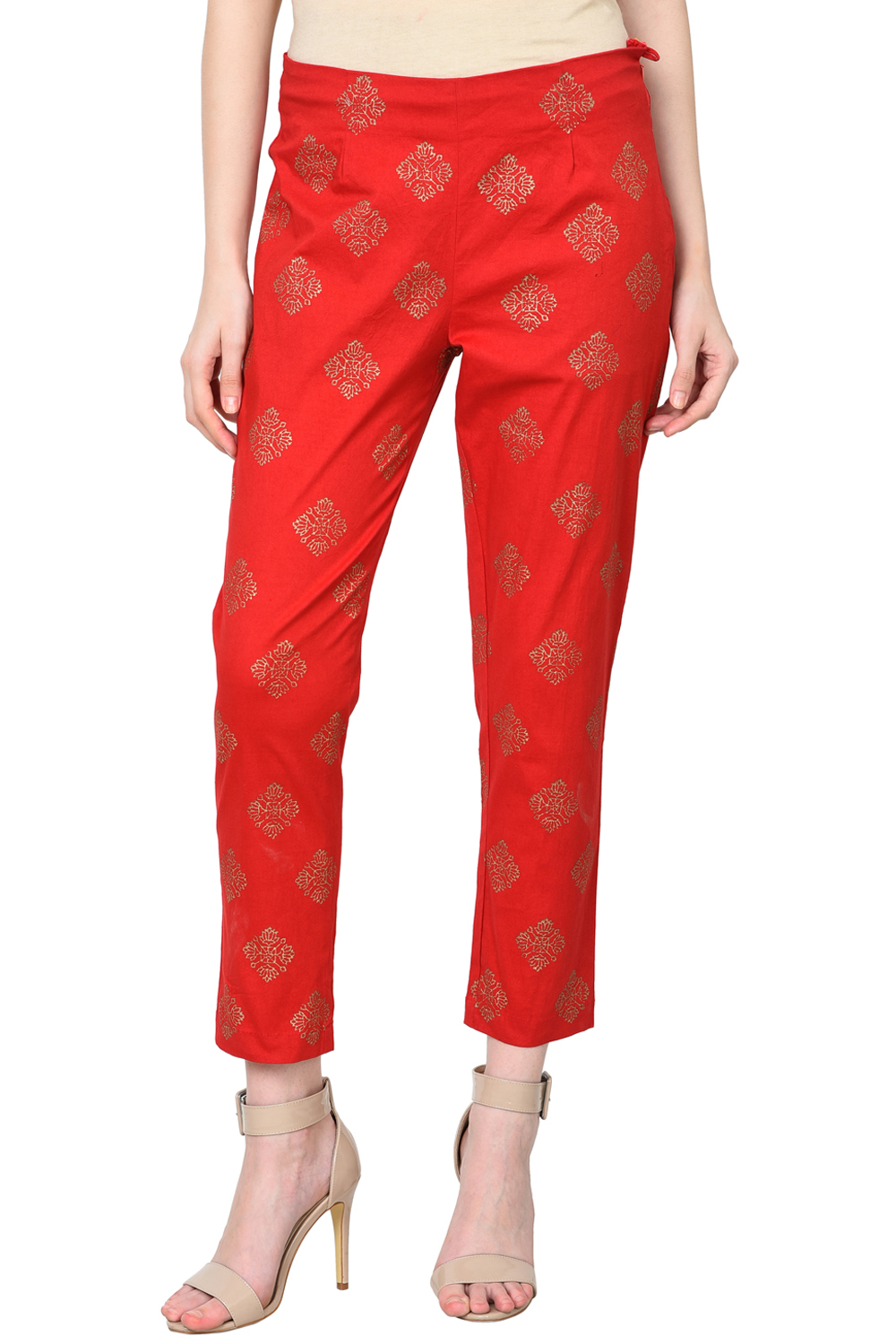 Red Poly Lycra Slim Pants image number 0
