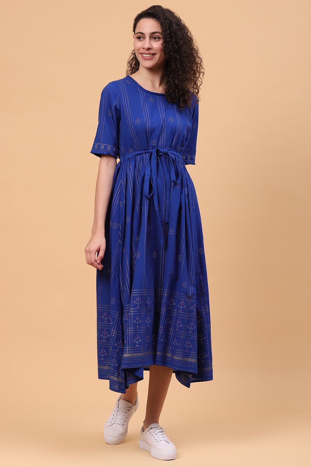 Royal Blue Cotton Flared Dress image number 0