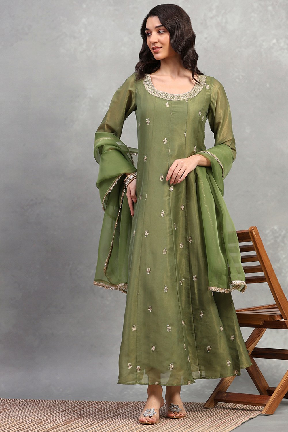Green Tissue Solid Anarkali Dress image number 6