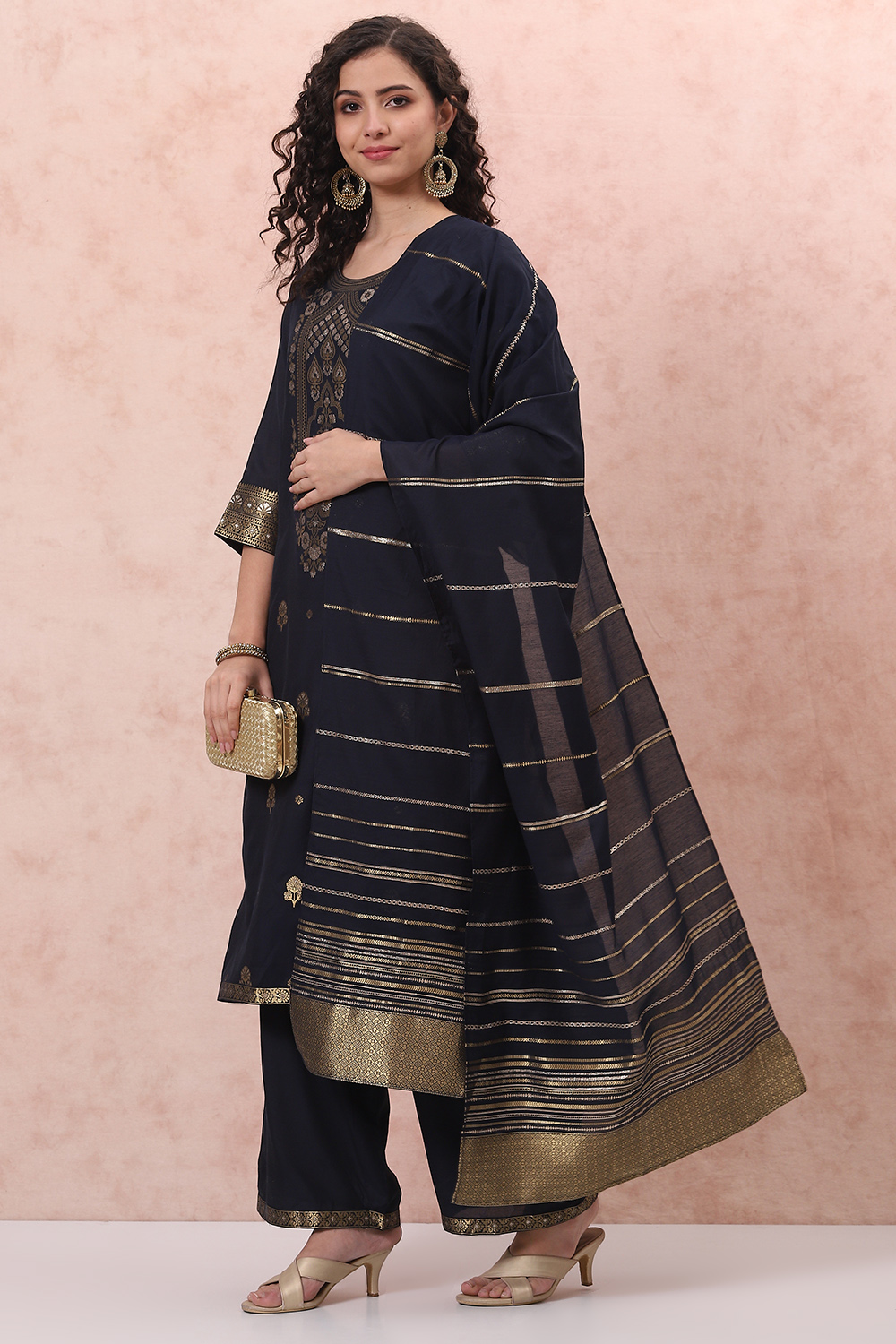 Navy Blue Art Silk Straight Suit Set image number 7