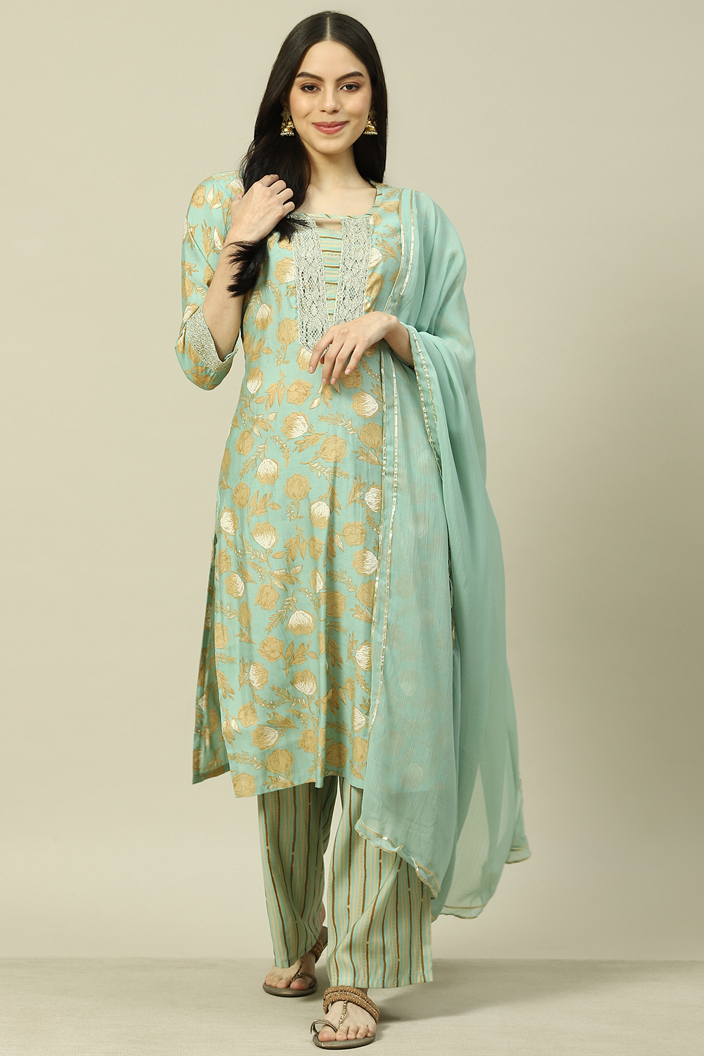 Light Blue Cotton Blend Woven Straight Kurta Suit Set image number 7