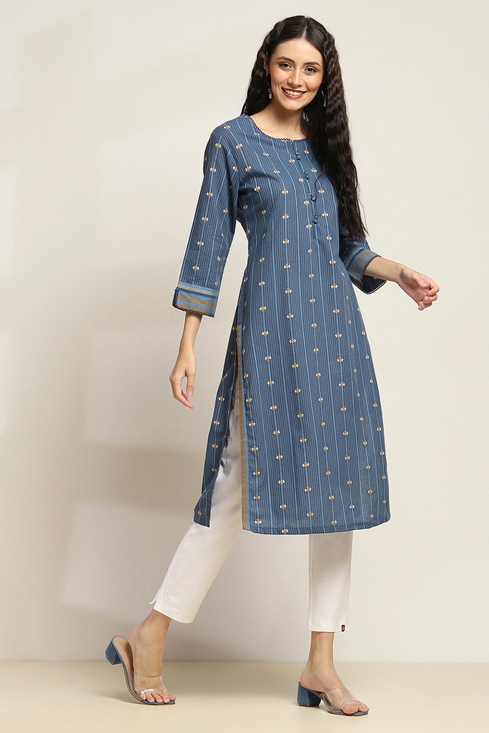 Indigo Cotton Straight Kurta image number 4