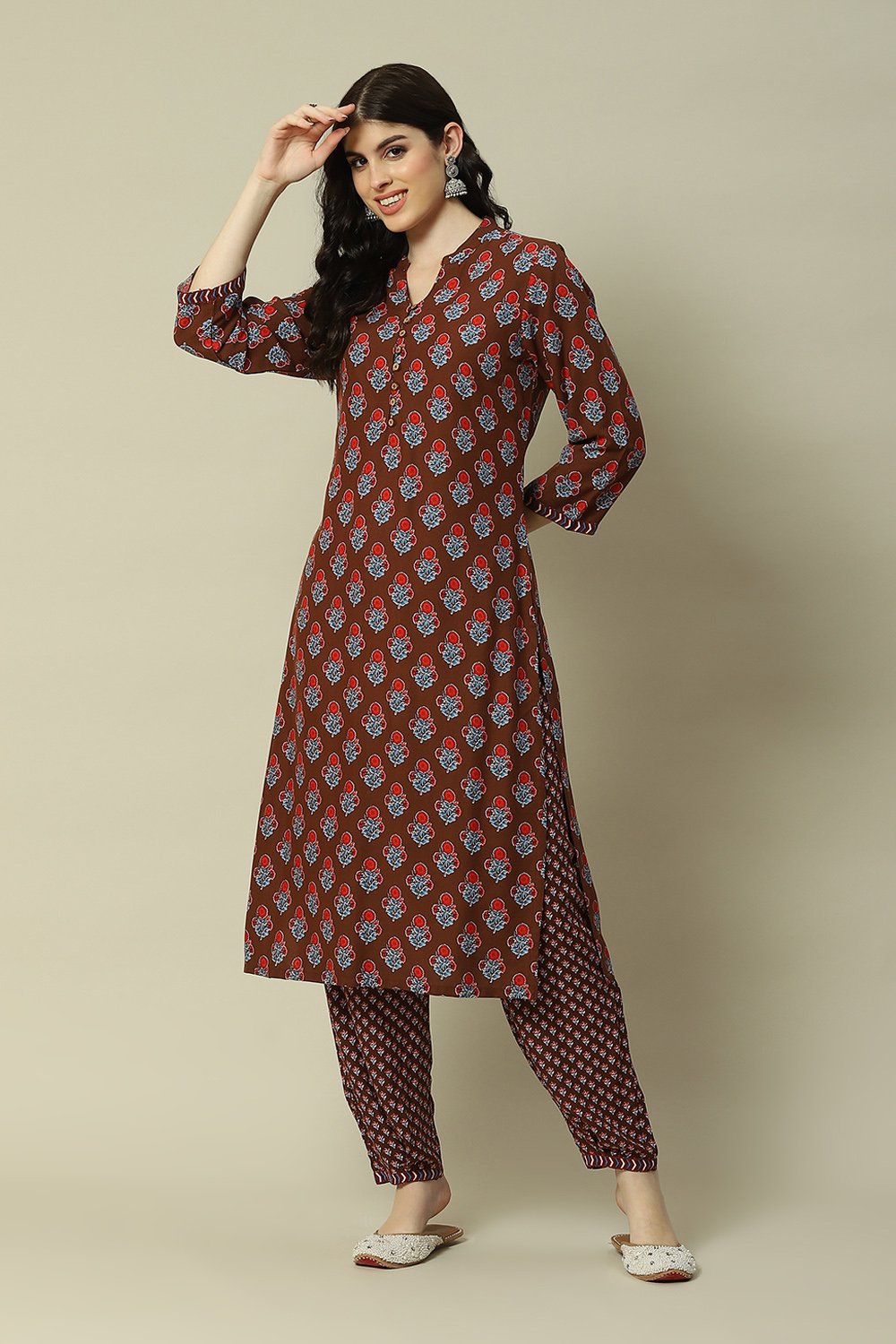 Brown LIVA Straight Printed Kurta Palazzo Suit Set image number 6