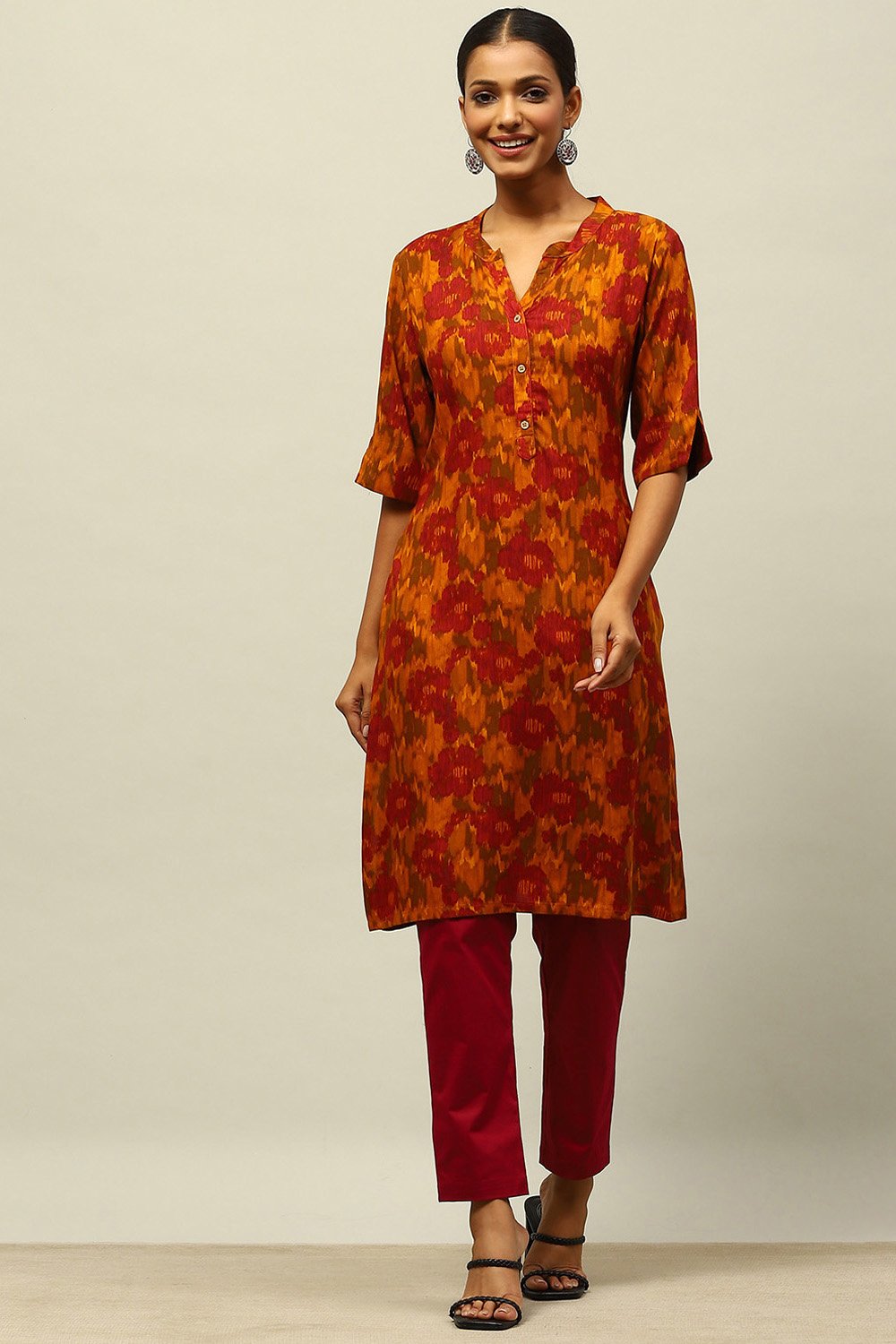 Yellow Rayon Printed Straight Kurta image number 0