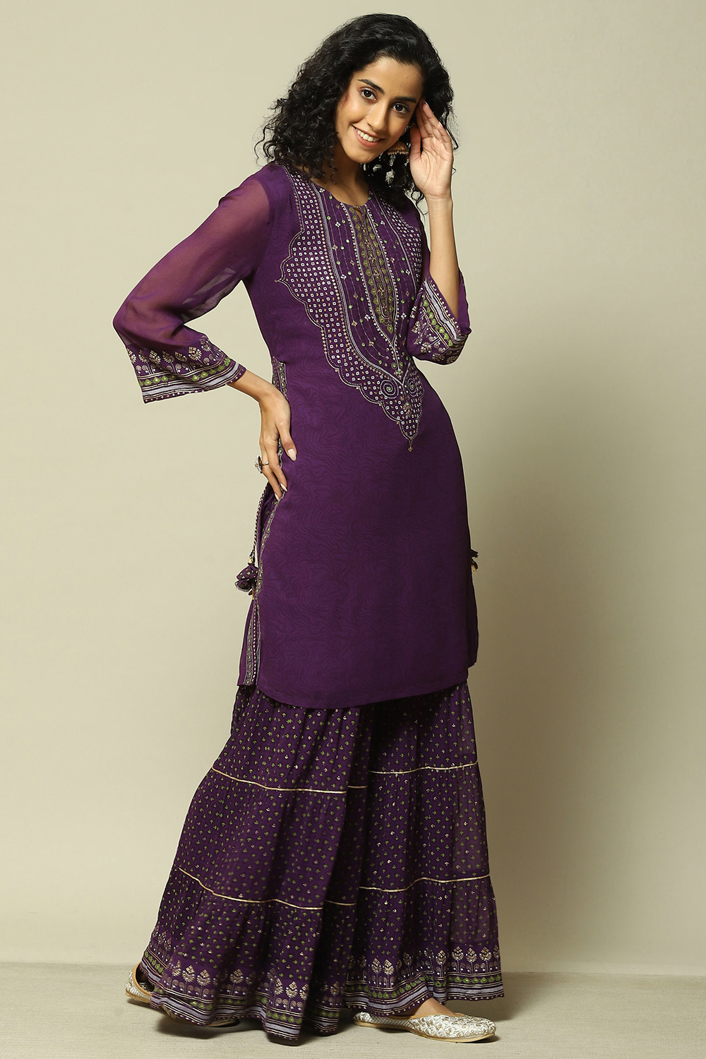 Purple Polyester Straight Printed Kurta Sharara Suit Set image number 5