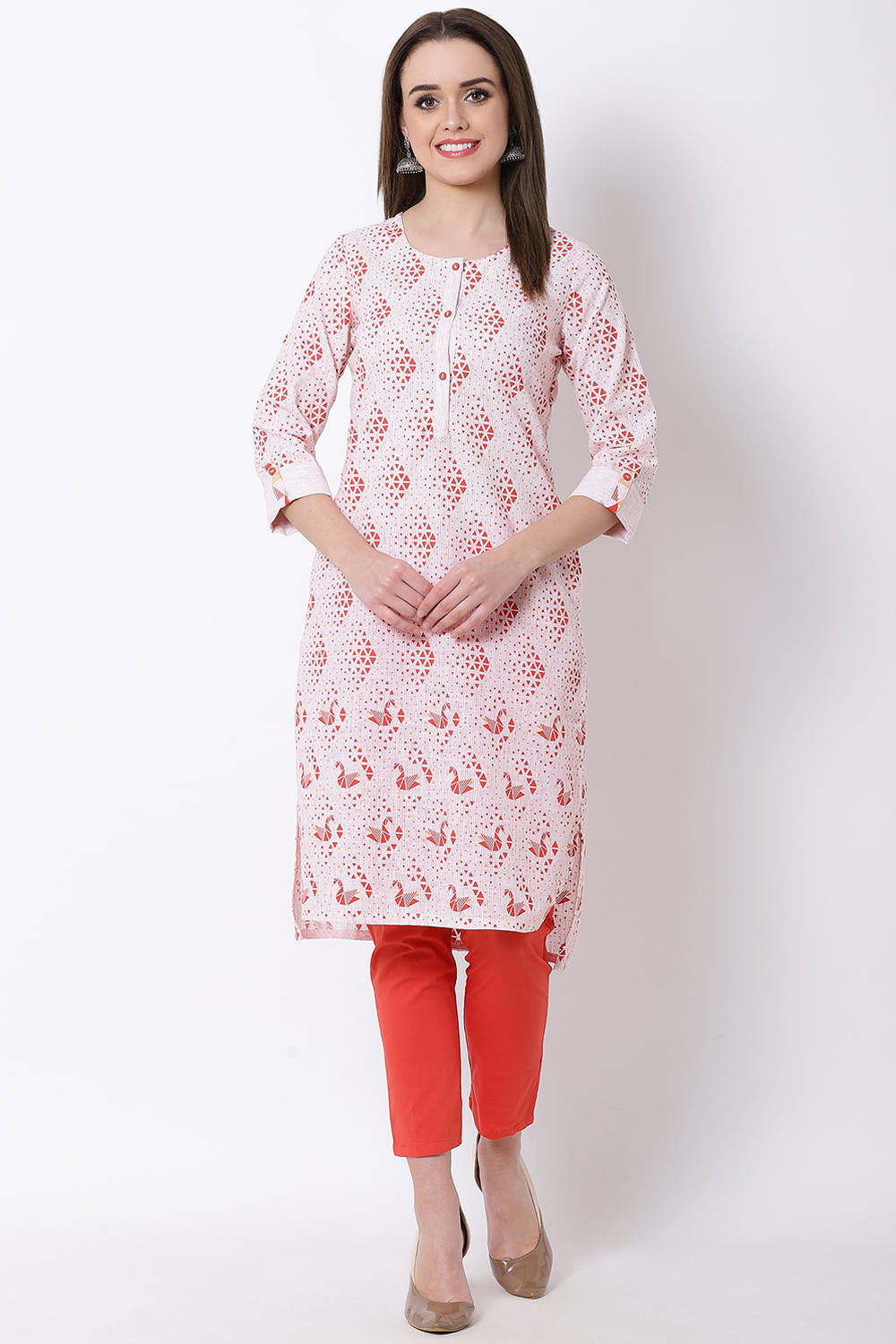 Orange Poly Cotton Straight Kurta image number 2