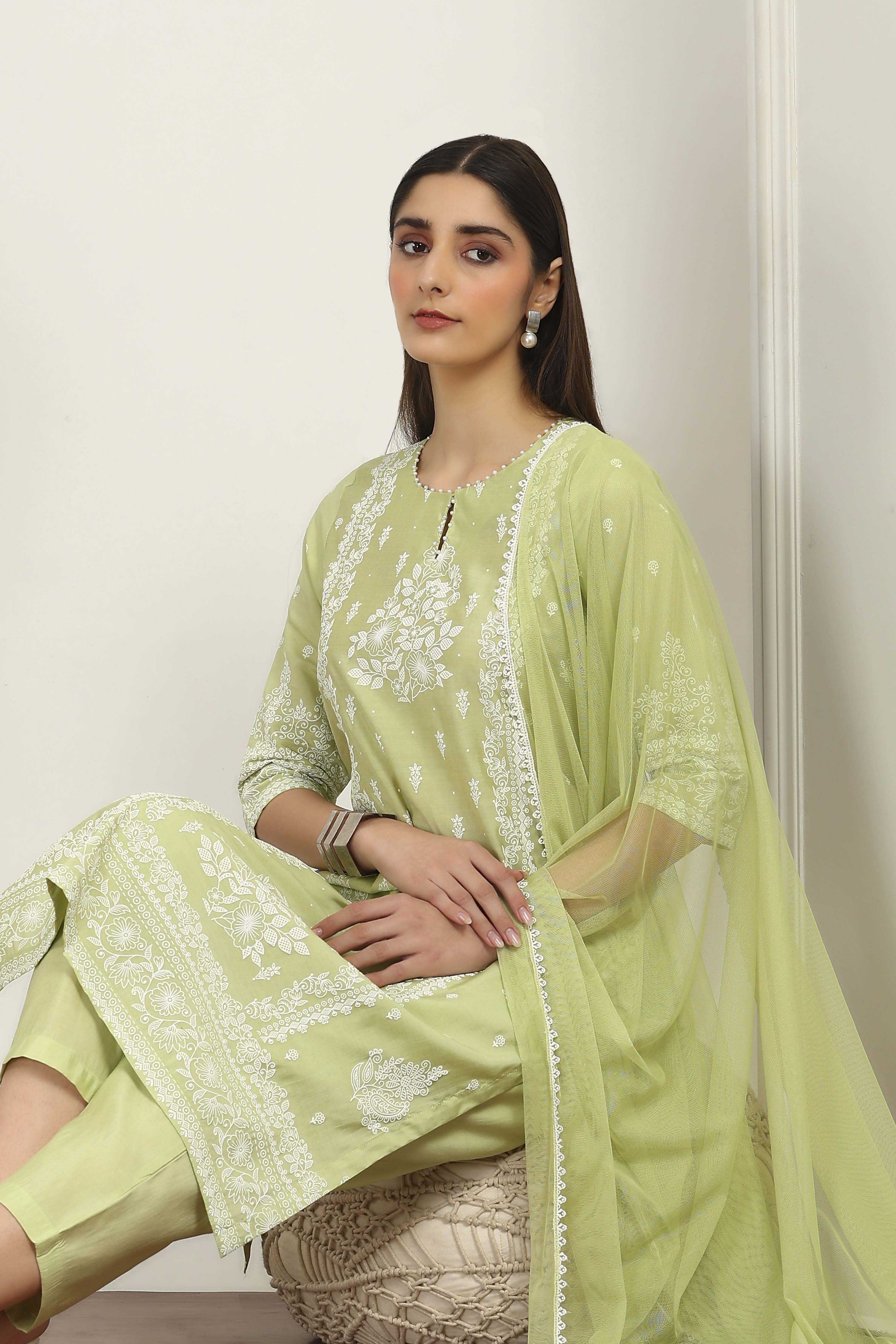 Yellow Viscose Polyester Straight Suit Sets image number 7