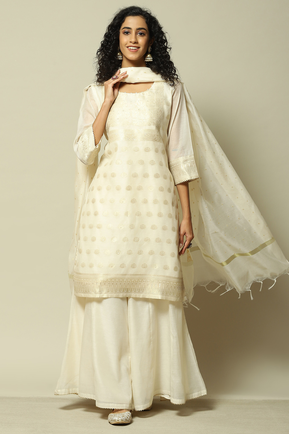 Buy Off White Polyester Straight Yarndyed Kurta Palazzo Suit Set 3N by Rangriti