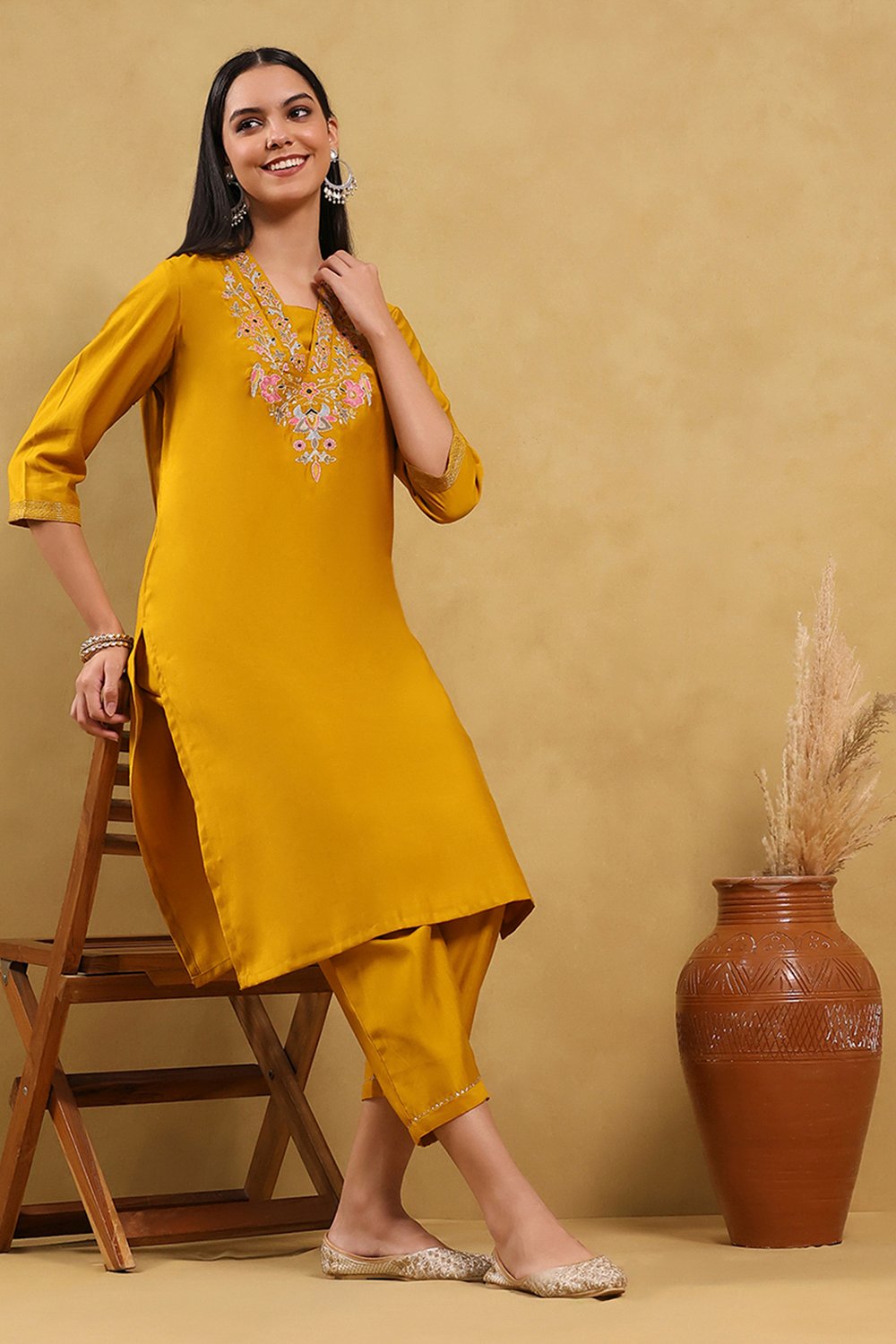 Mustard Polyester Solid Straight Kurta Pants Set image number 0
