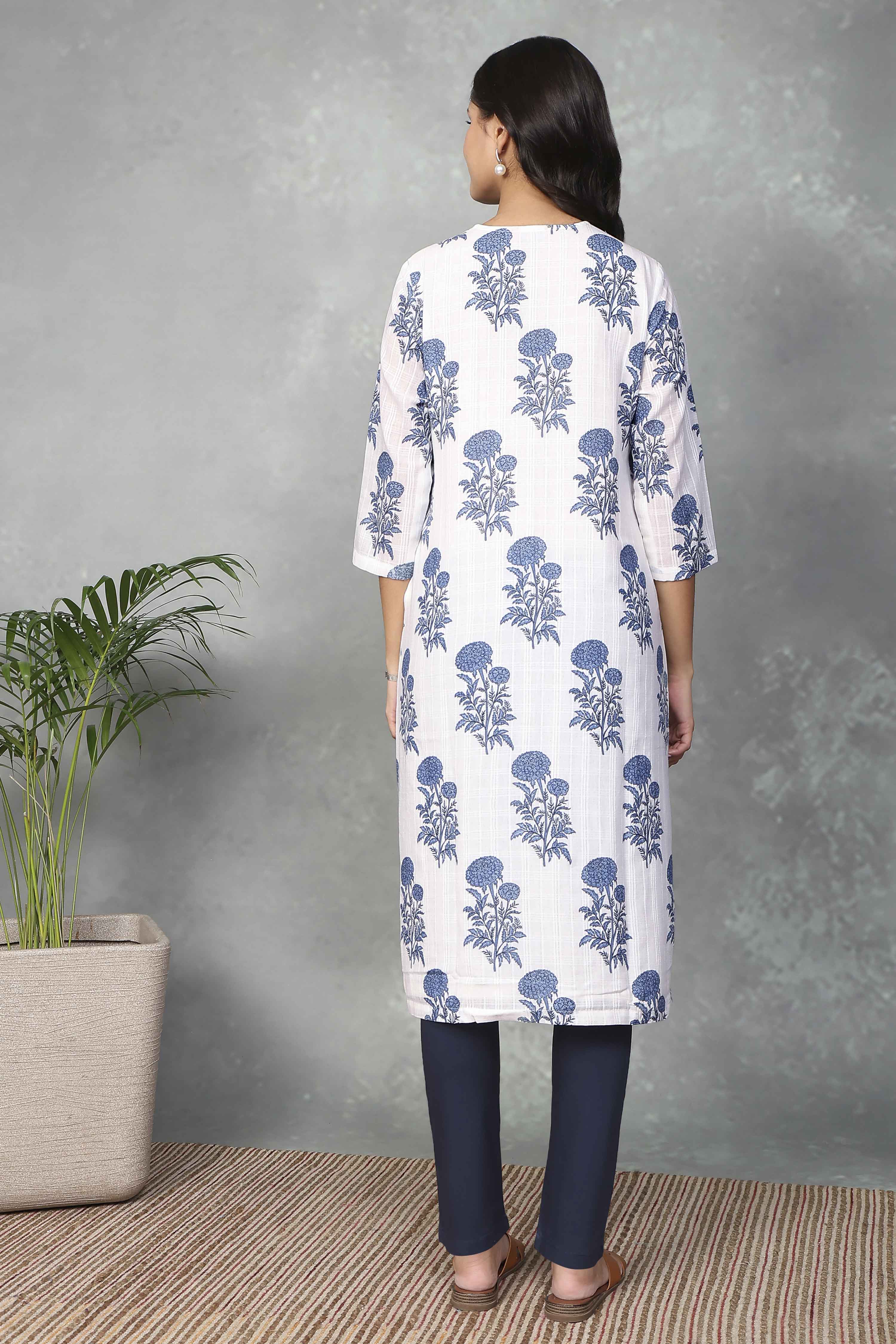 White Cotton Printed Straight Kurta image number 3