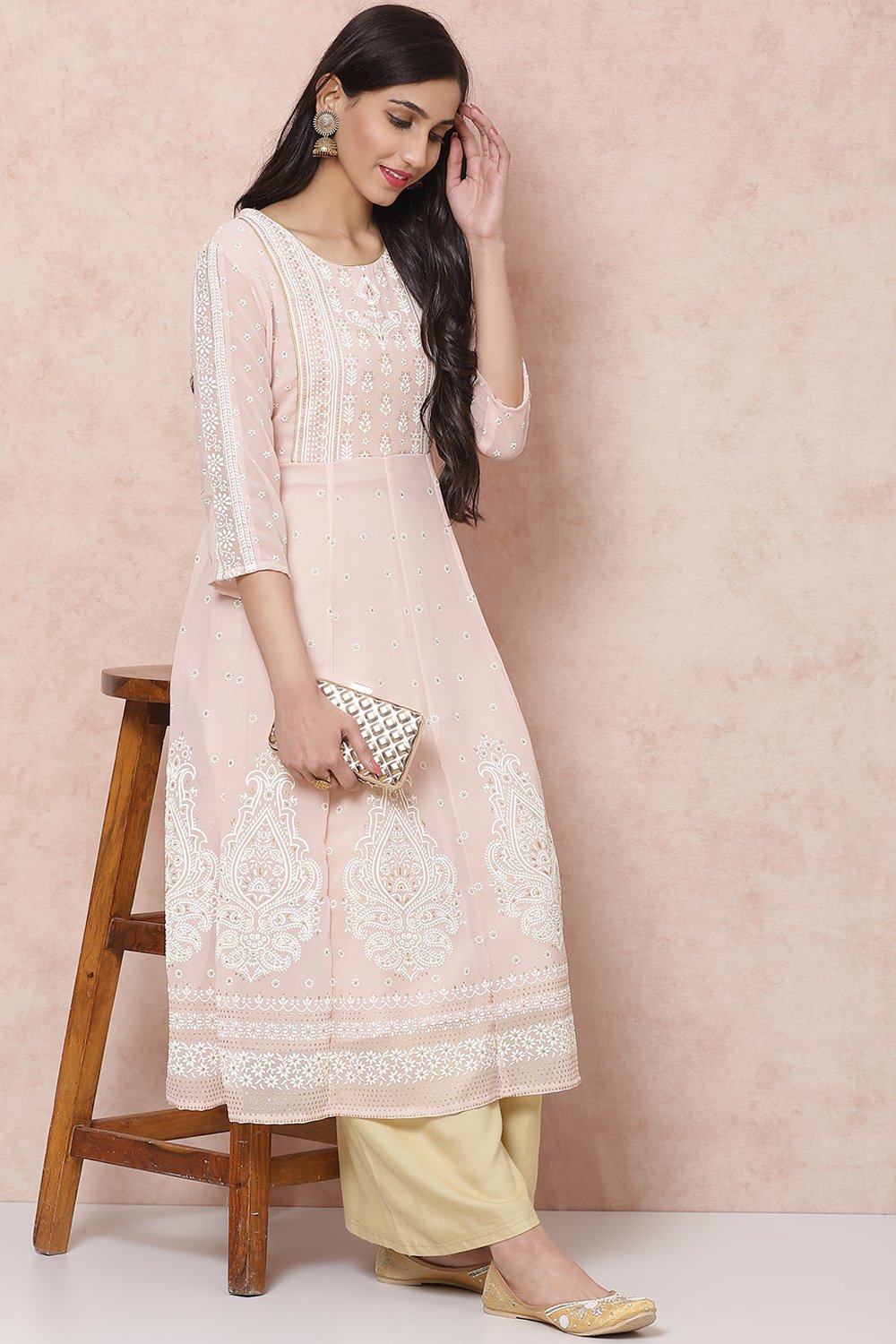 Pastel Pink Art Silk Kalidar Kurta image number 5