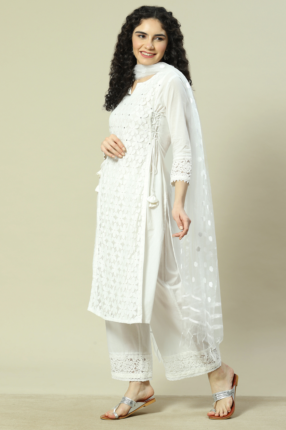 White Cotton Straight Suit Set image number 5