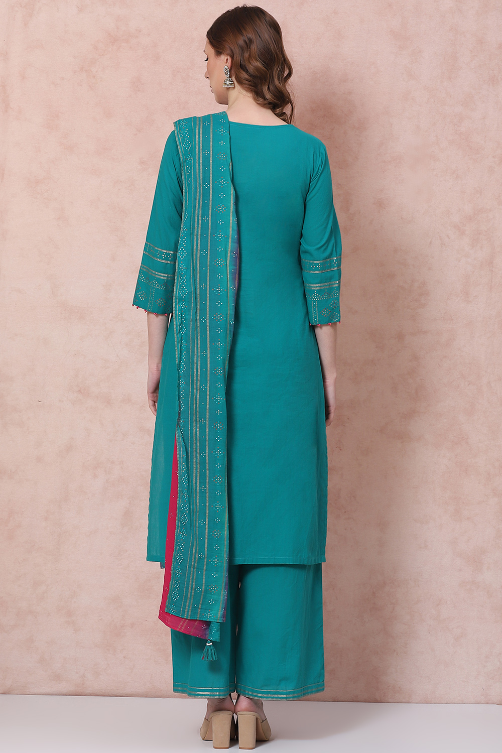 Green Cotton Flex Straight Suit Set image number 4