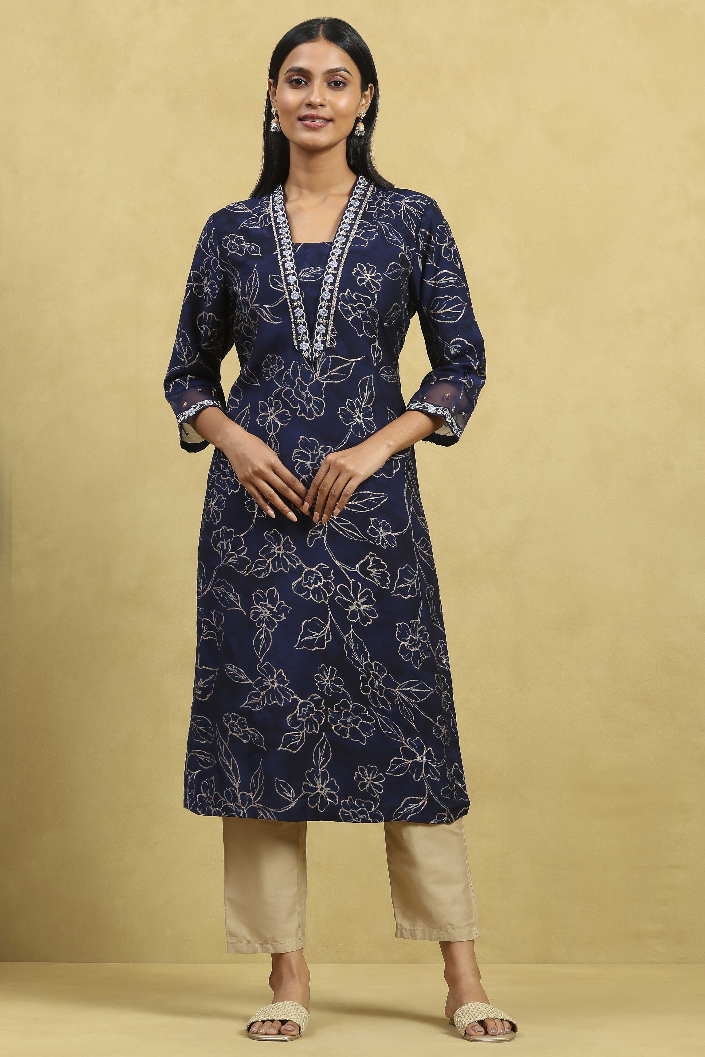 Indigo Blue Viscose Blend Printed Straight Kurta image number 5