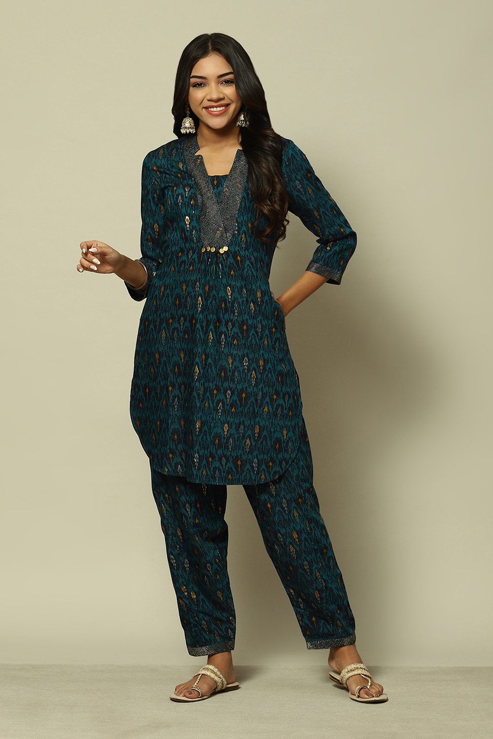 Peacock Blue Viscose Printed Straight Suit Set image number 0
