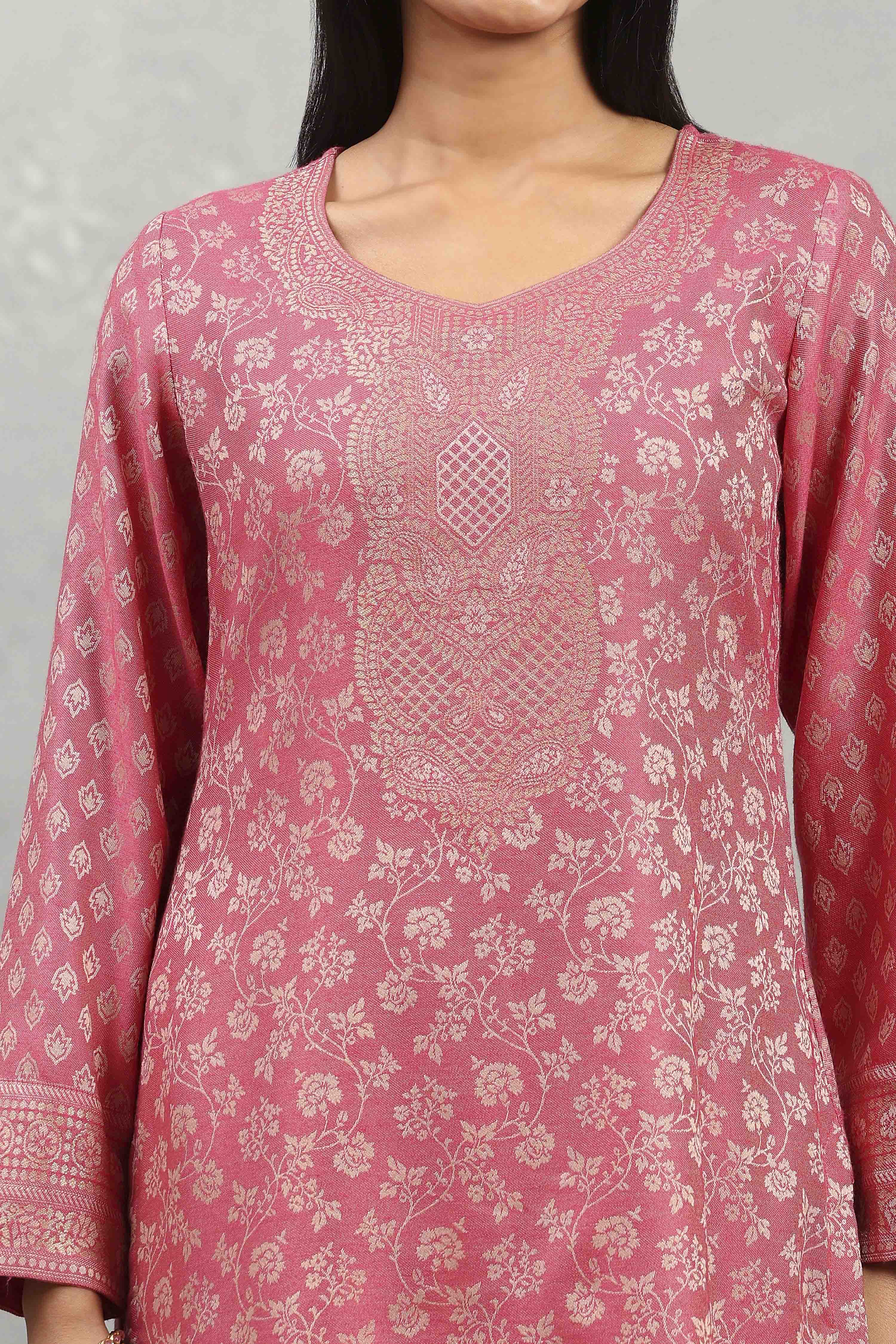 Coral Polyester Yarndyed Straight Suit Set image number 1