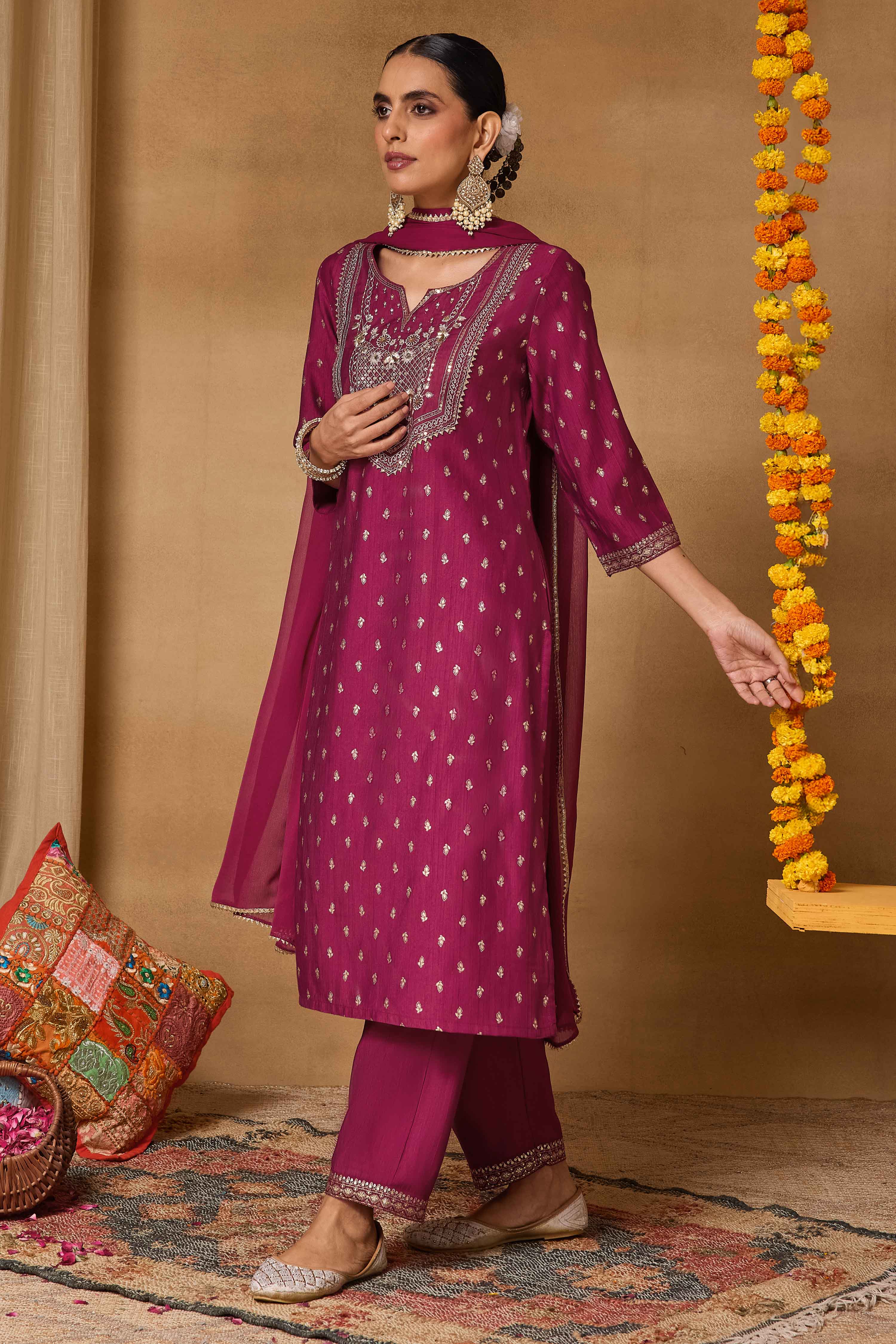 Maroon Viscose Blend Straight Printed Suit Set image number 4