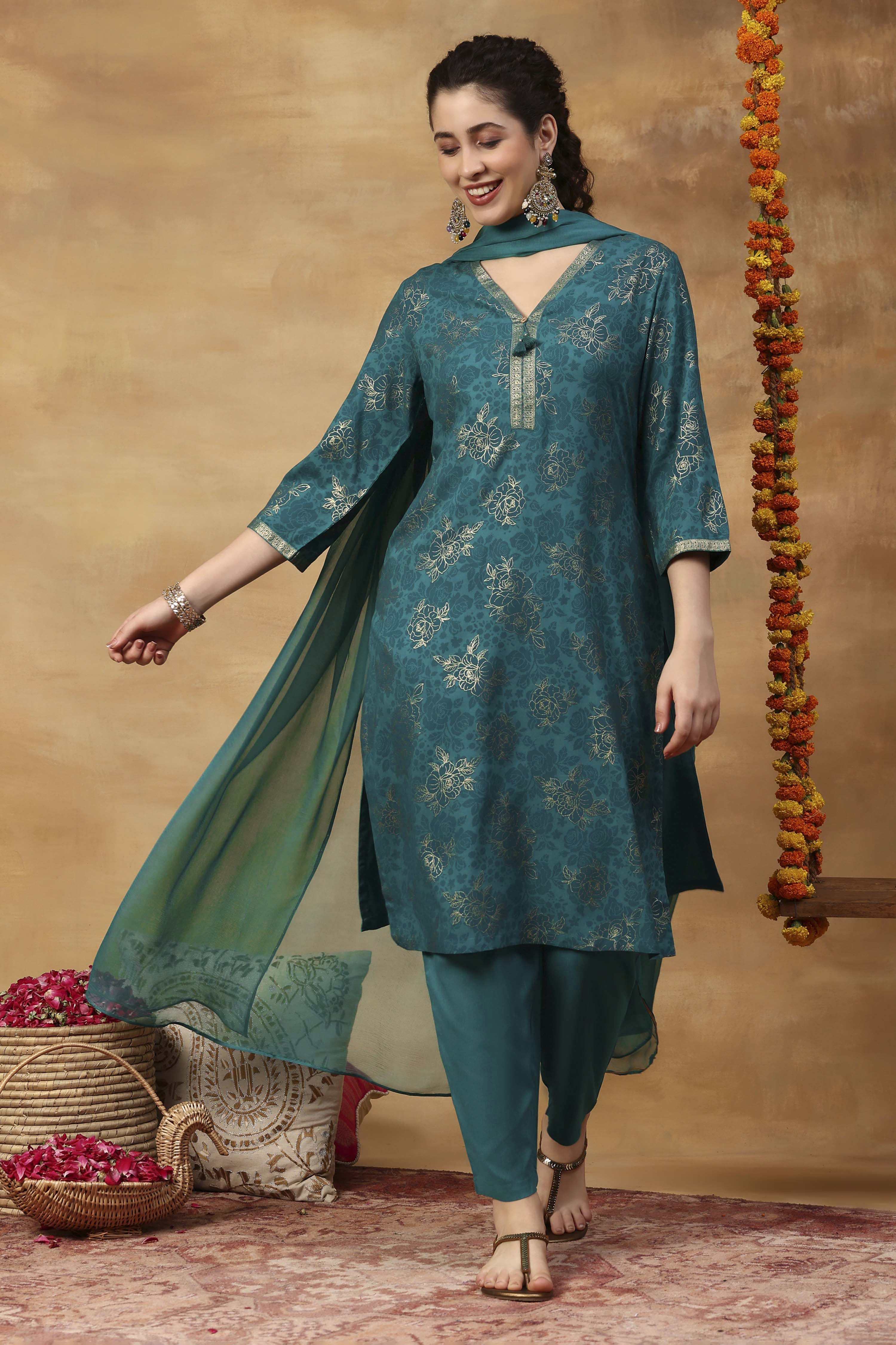 Aqua Printed Viscose Rayon Straight Kurta Set image number 6