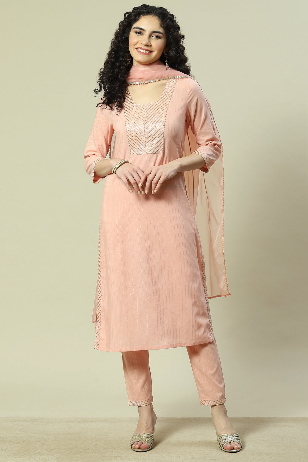 Beige Viscose Woven Straight Kurta Suit Set image number 7