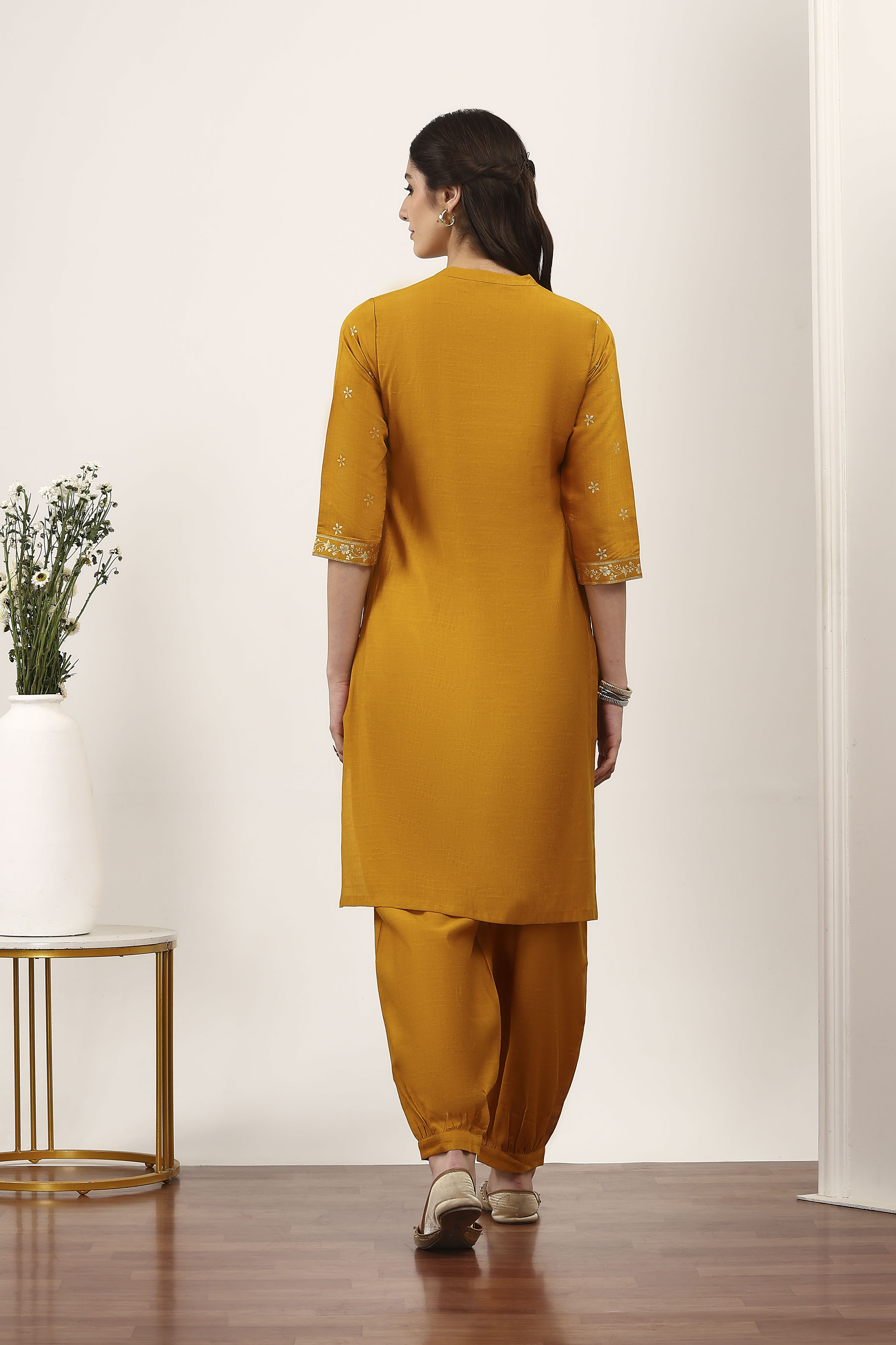 Yellow Viscose Polyester Kurta Pants Set image number 4