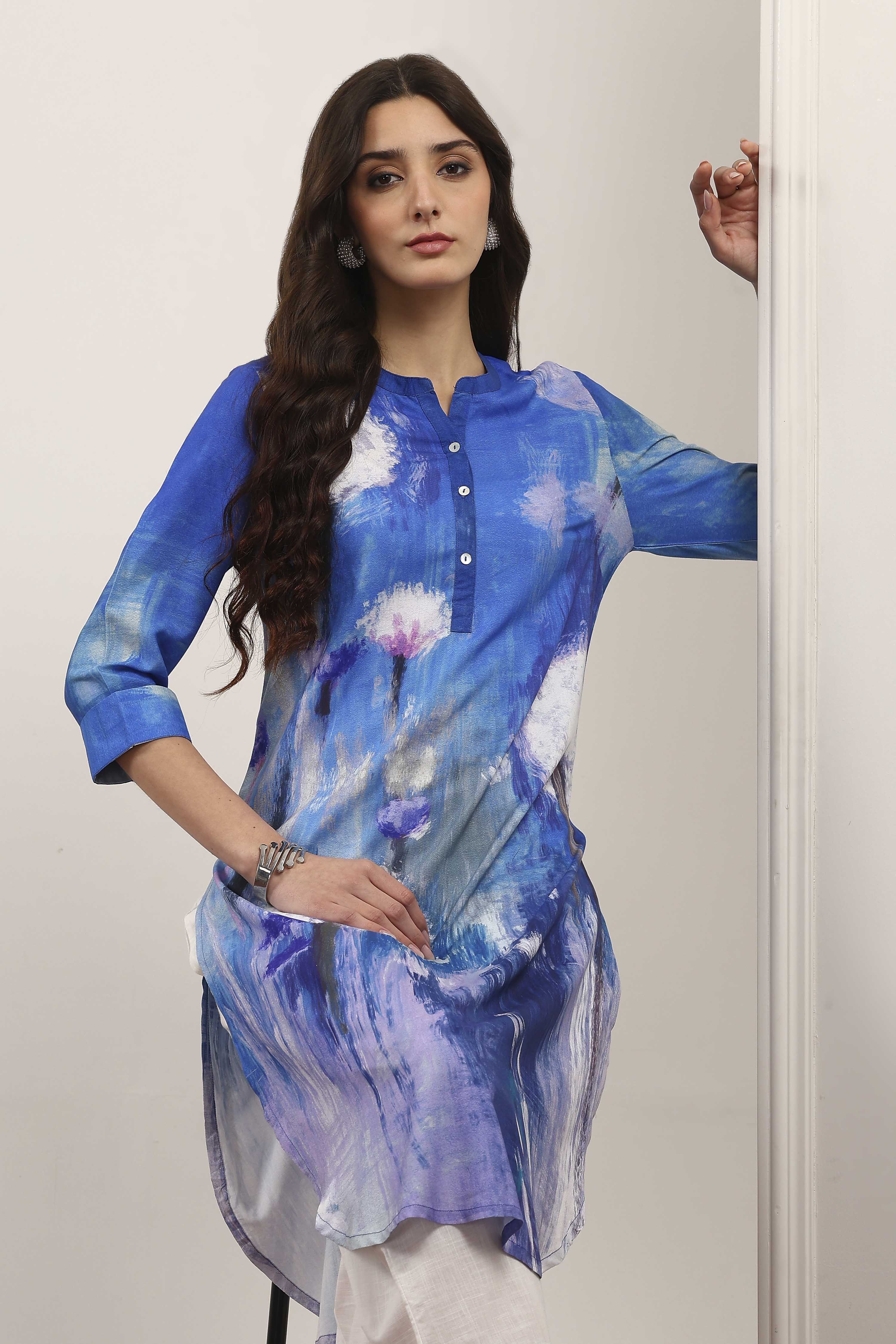 Blue Printed Straight Kurta image number 6