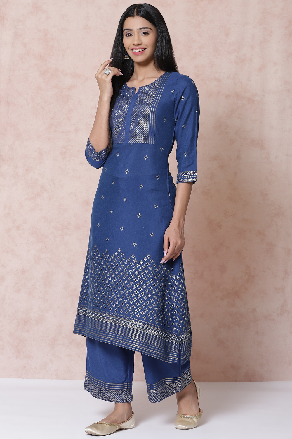 Indigo LIVA Asymmetric Kurta image number 4