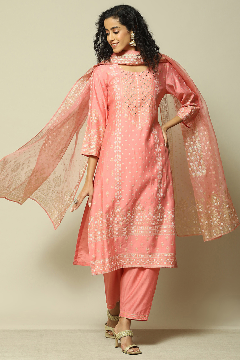 Pink LIVA Straight Printed Kurta Palazzo Suit Set image number 0