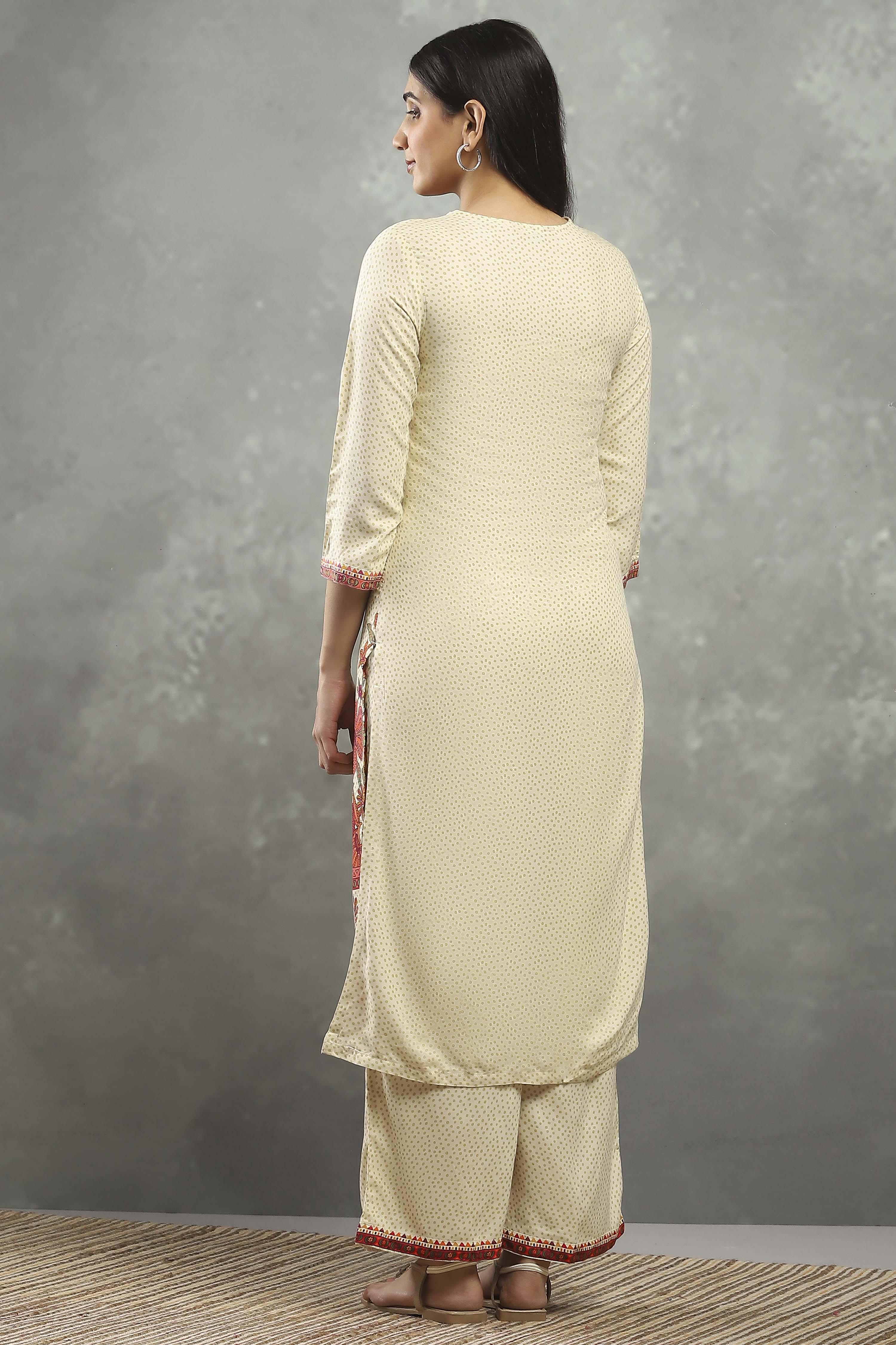 Beige Viscose Straight Kurta Pants Set image number 4