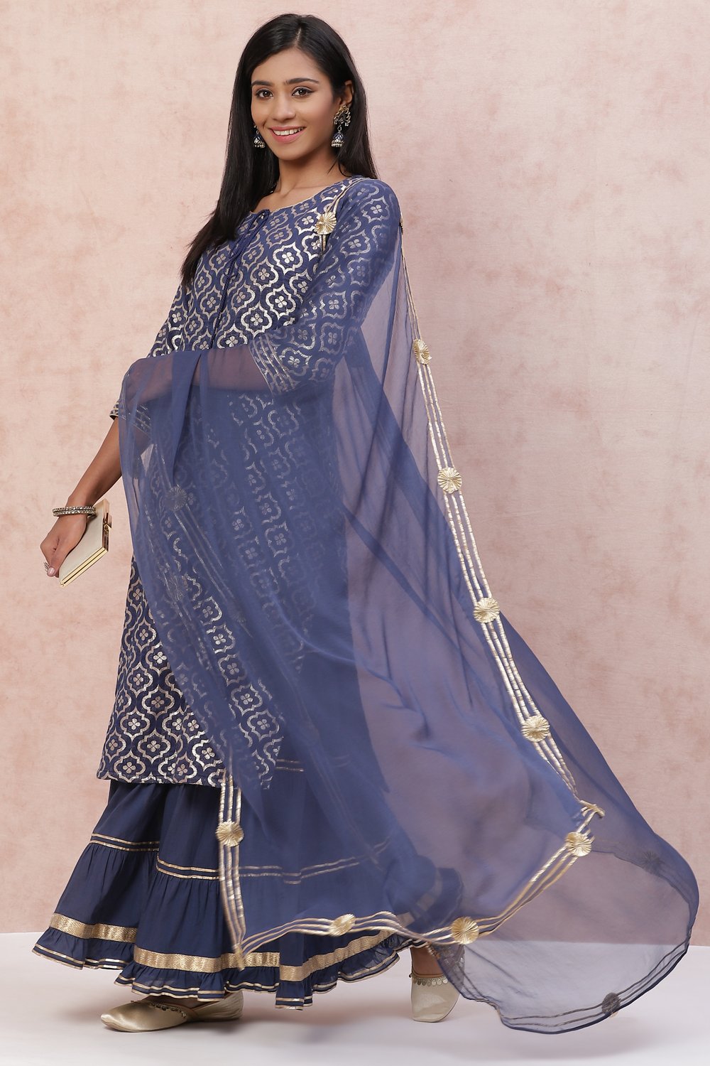 Blue Poly Cotton Straight Suit Set image number 5