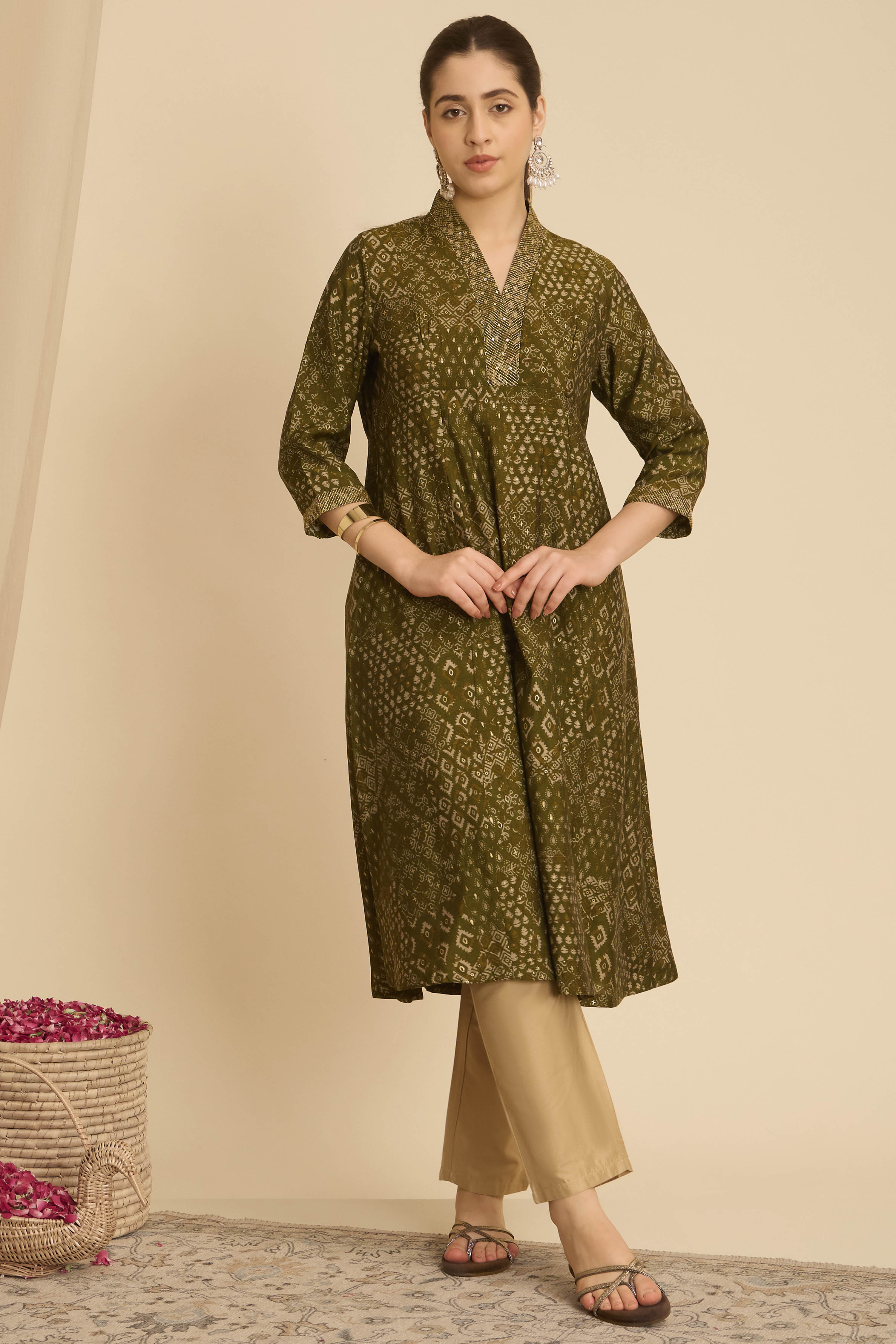 Green Viscose Blend A-Line Printed Kurta image number 5