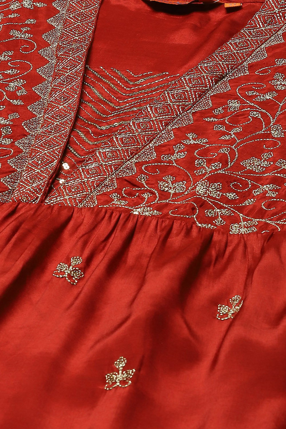 Rust Viscose Gathered Embroidered Kurta Palazzo Suit Set image number 1