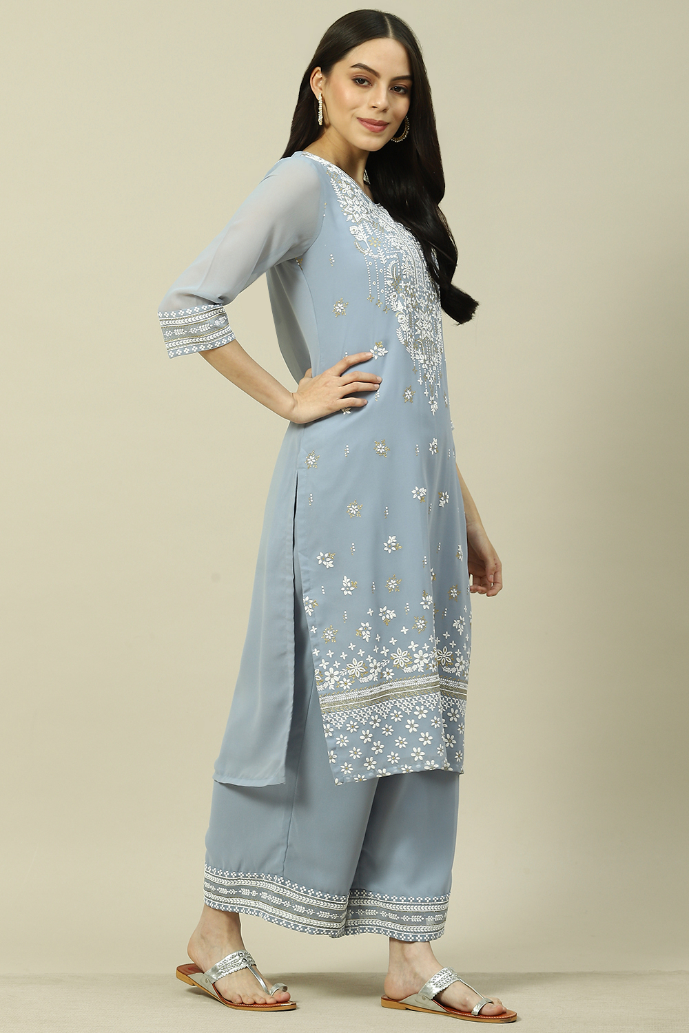 Blue Cotton Blend Straight Kurta image number 3