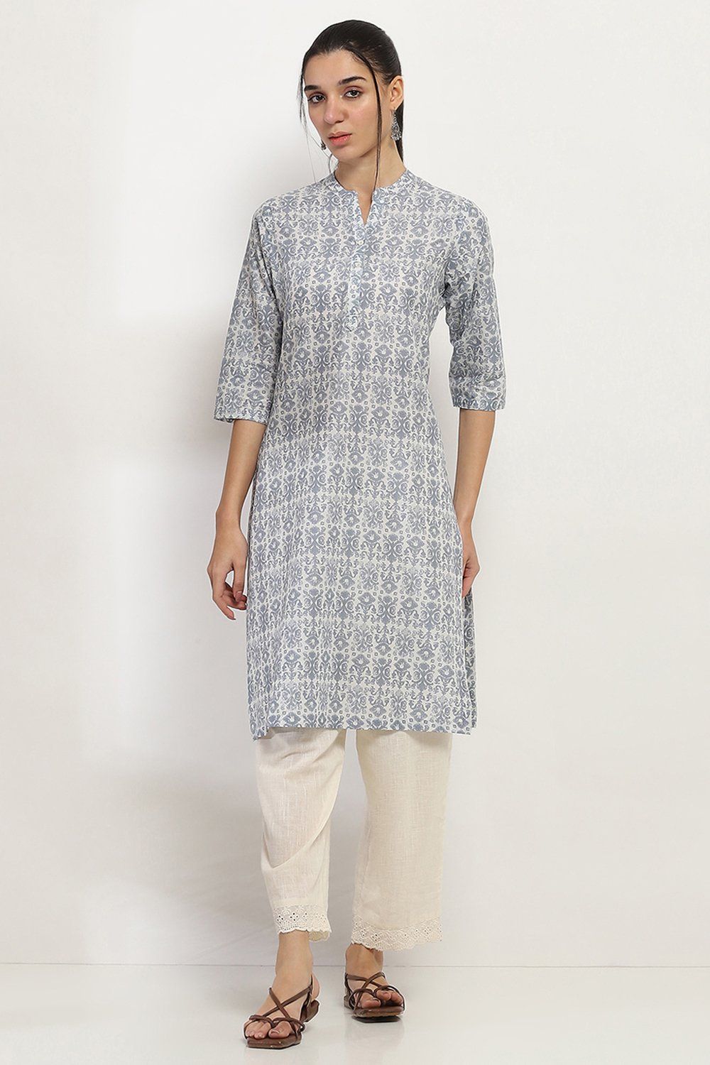 Grey Cotton Straight Kurta image number 5