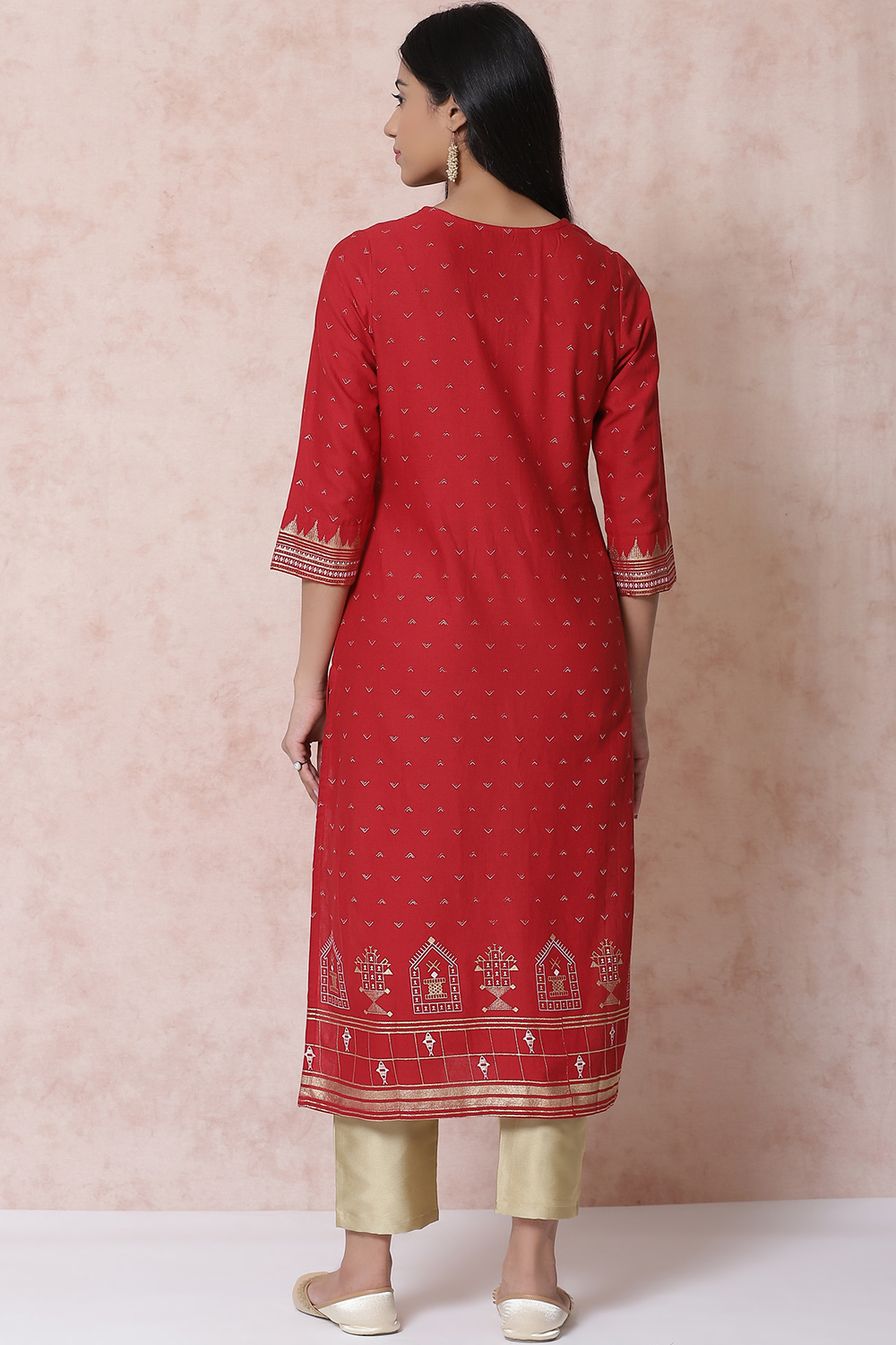 Red Cotton Flex Straight Kurta image number 4