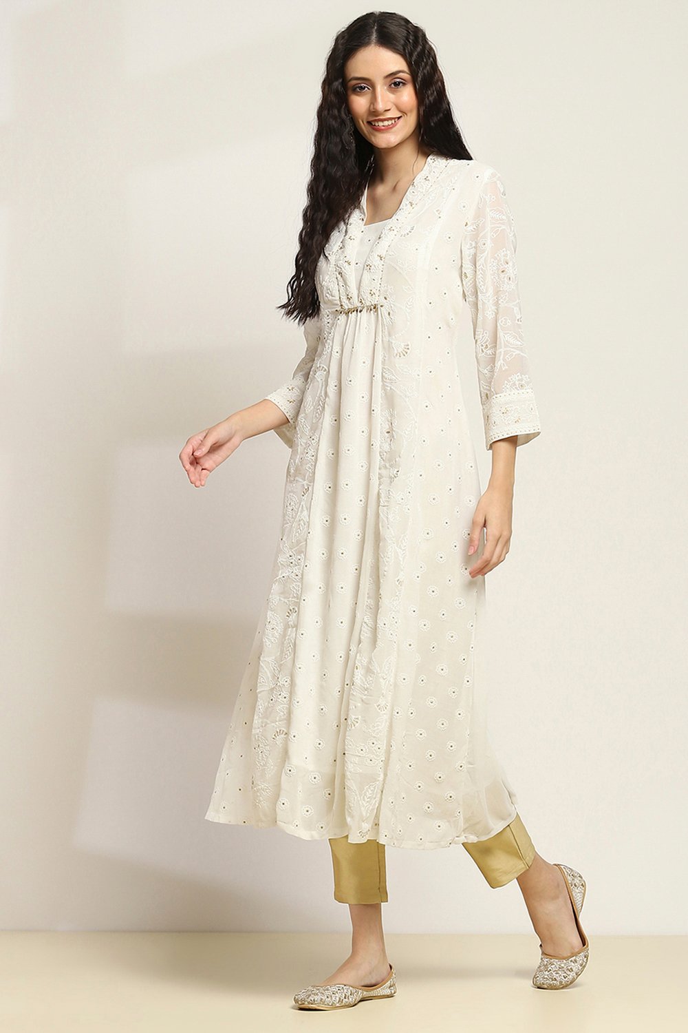 White Polyester Flared Kurta image number 2