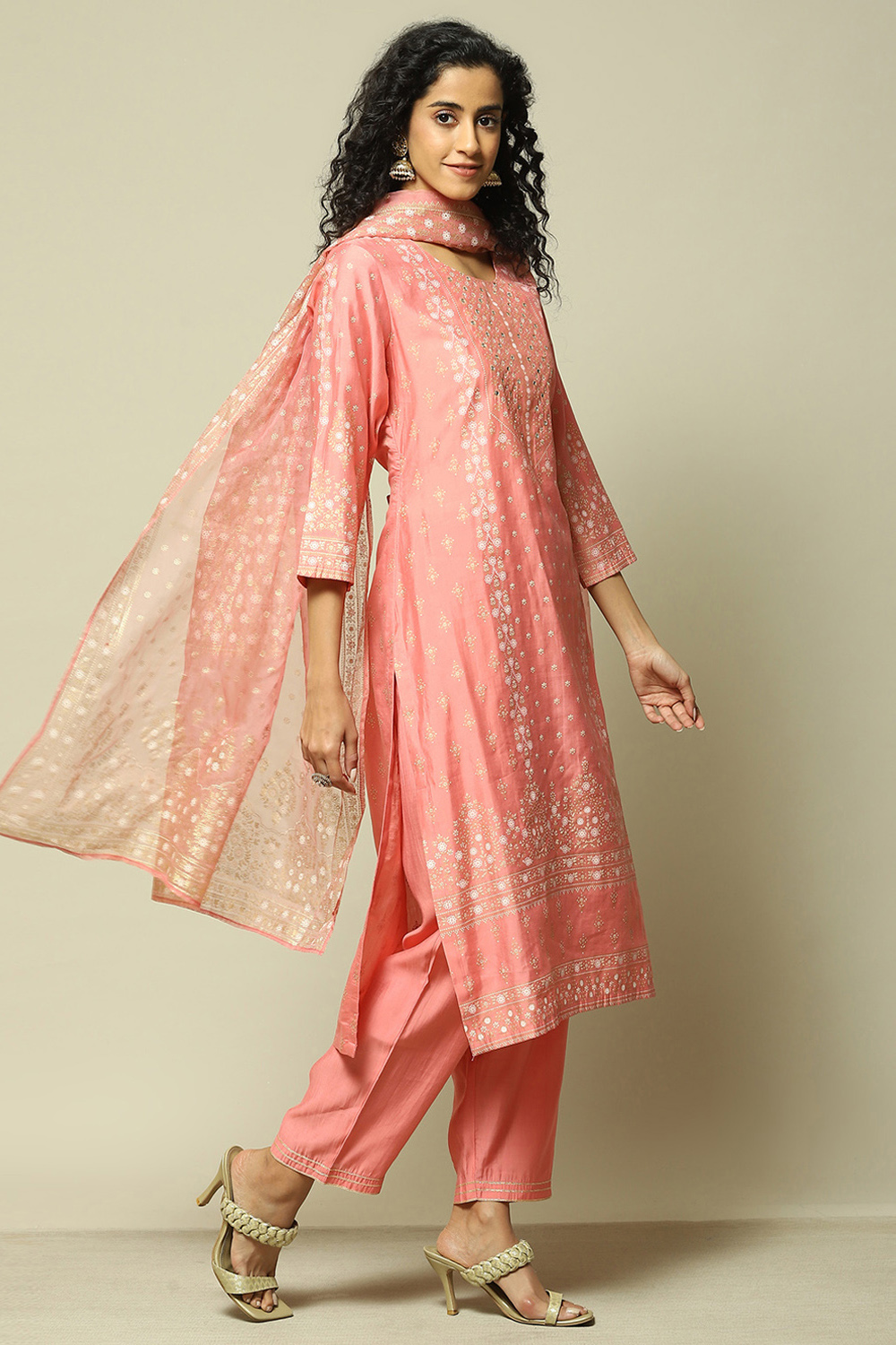 Pink LIVA Straight Printed Kurta Palazzo Suit Set image number 6