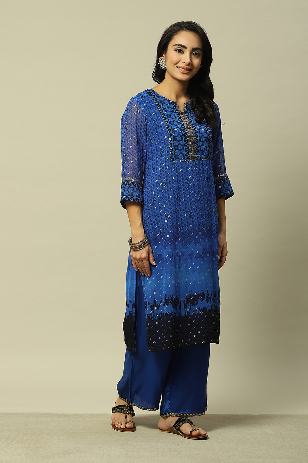 Cobalt Blue Polyester Straight Printed Kurta image number 5
