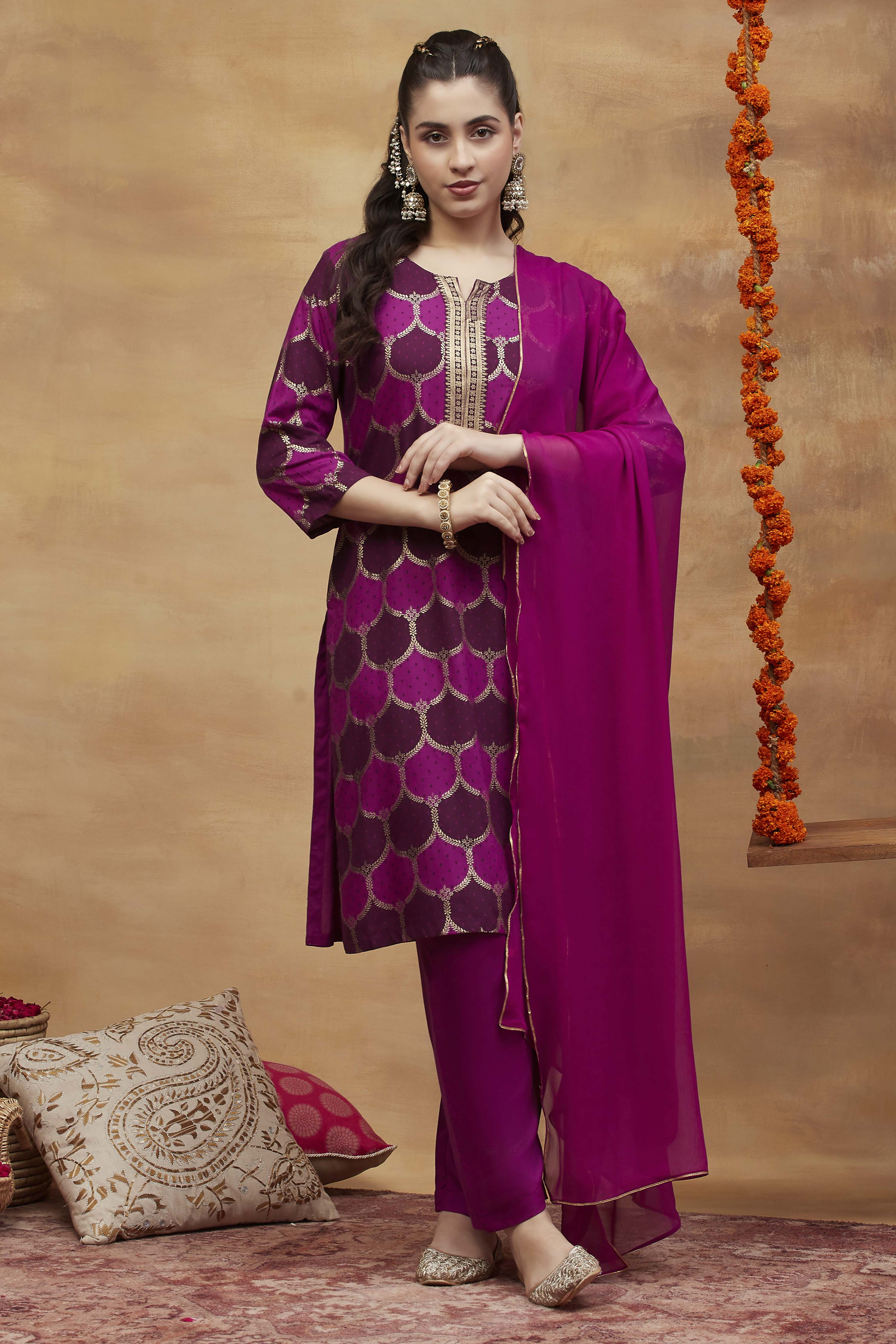 Purple Viscose Rayon Straight Printed Suit Set image number 6