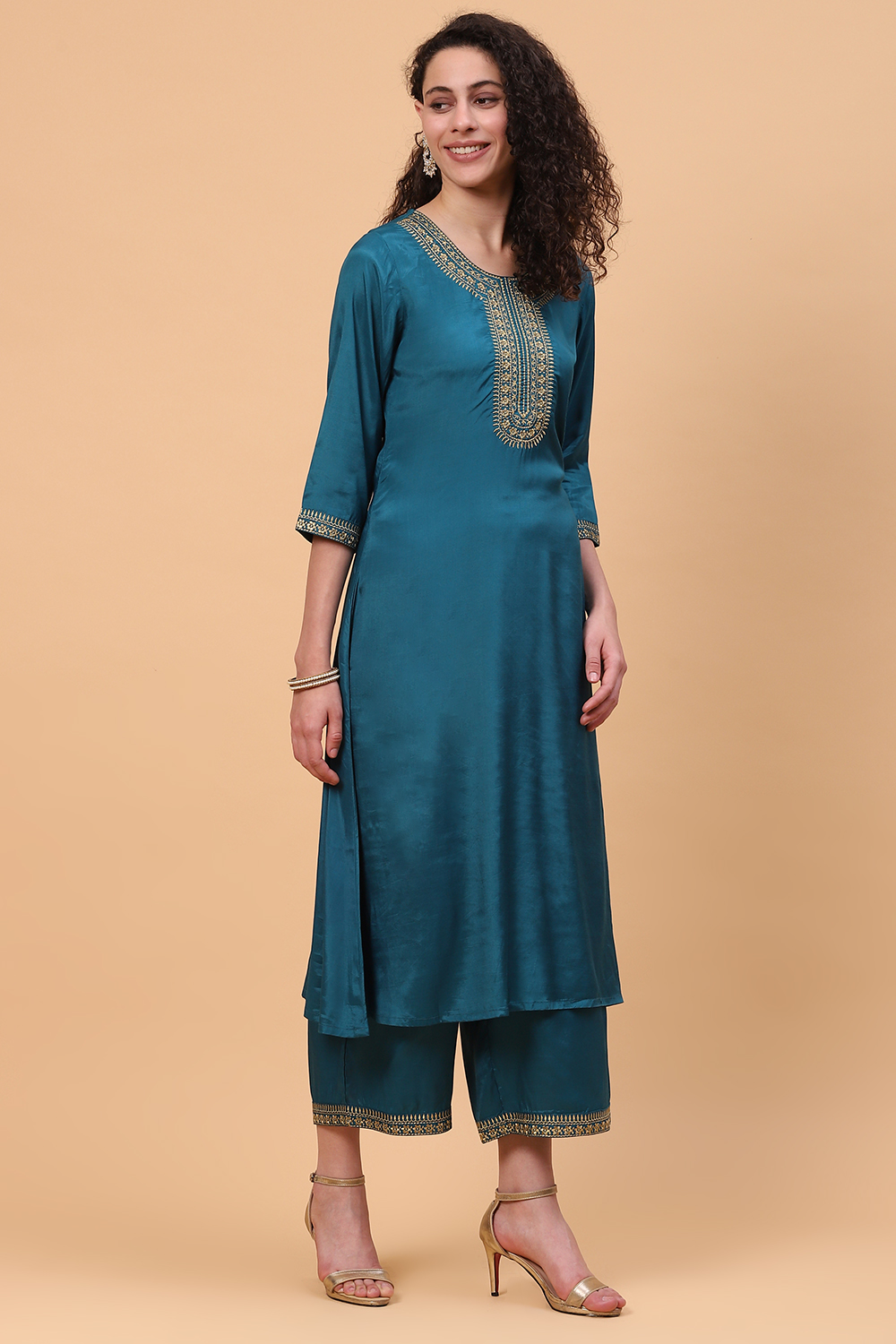 Teal Green Viscose A Line Suit Set image number 5