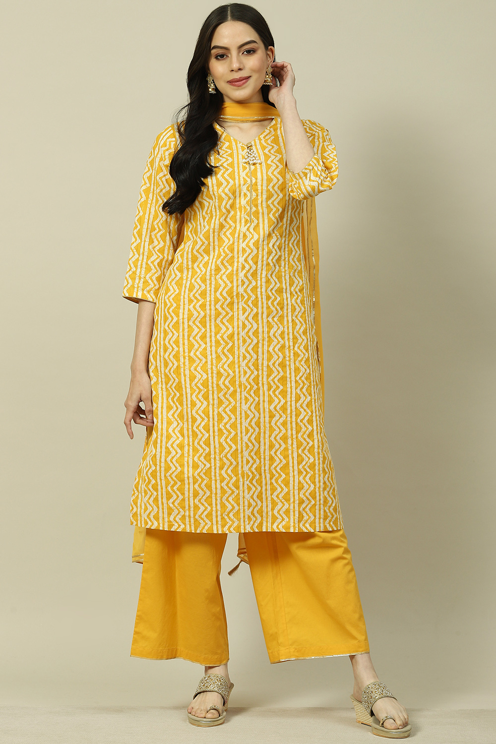 Yellow Cotton Blend Woven Straight Kurta Suit Set image number 7