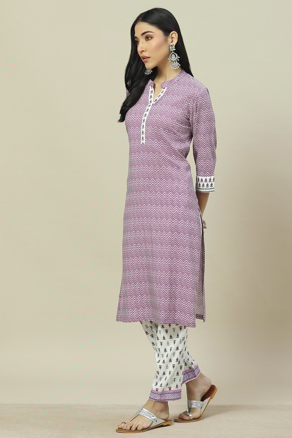 Lavendar LIVA Woven Straight Kurta Suit Set image number 3